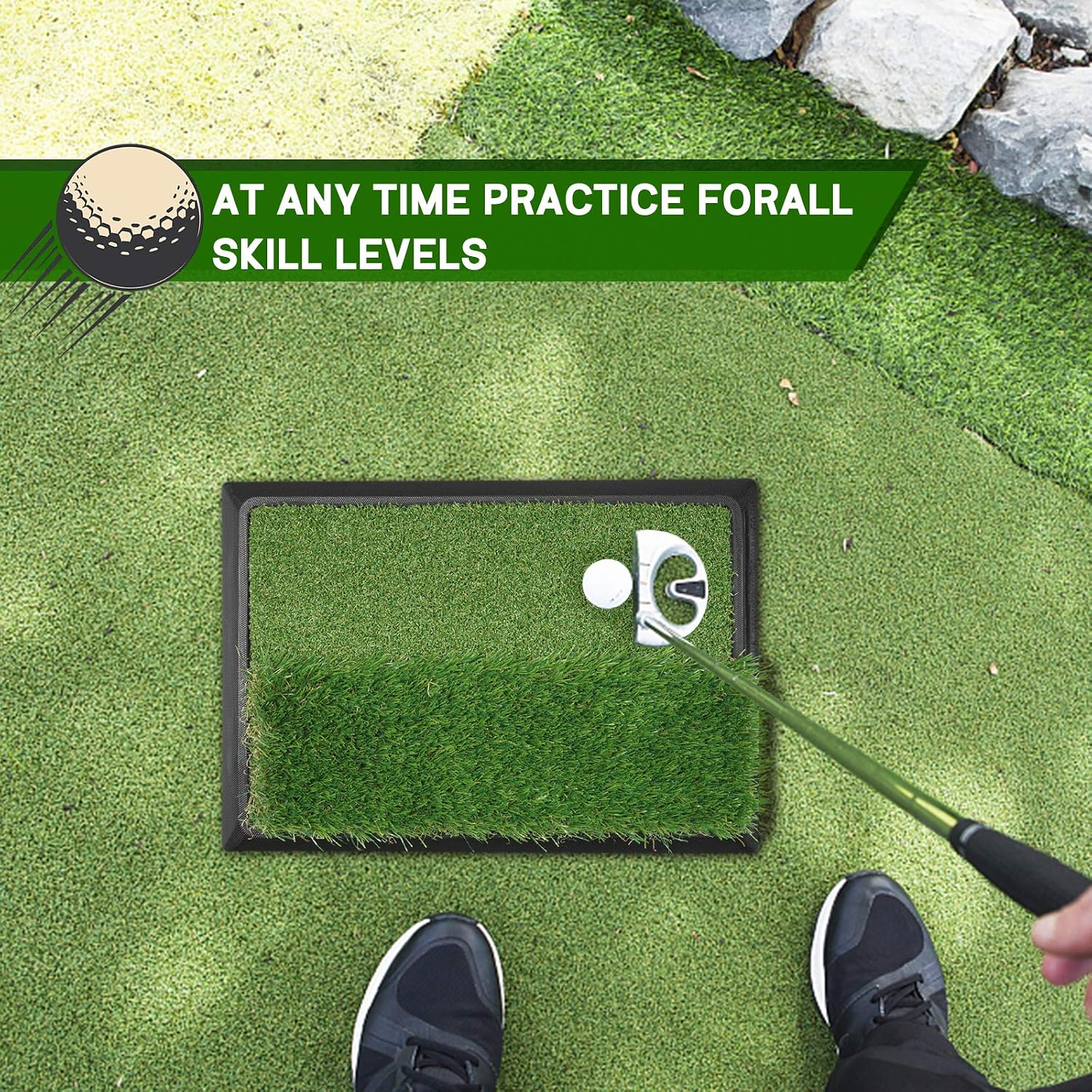 Golf Mat, 18.5" x 16.5" Golf Hitting Mat with Golf Ball Tray, Foldable Premium Double Turf, Golf Accessories Golf Gift for Men, 9 Golf Tees