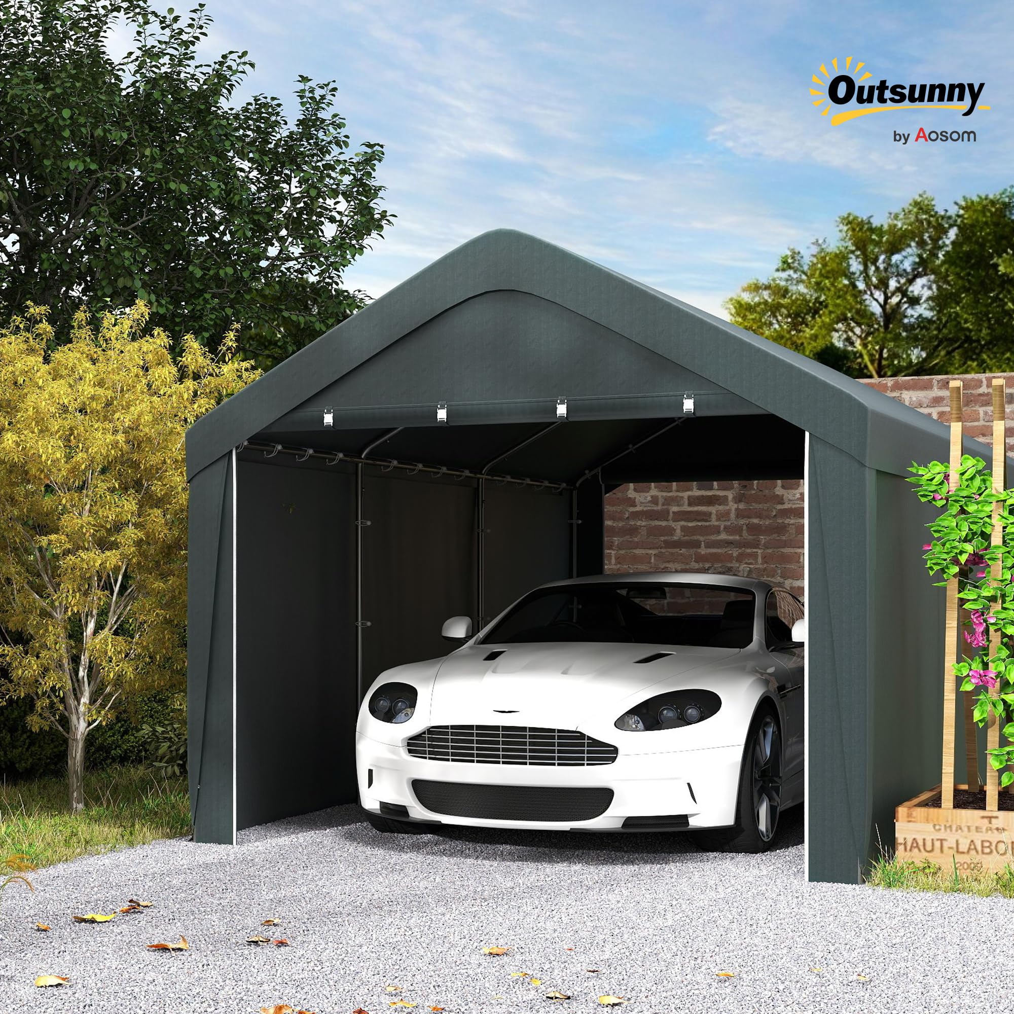 Outsunny Carport Tente de Garage 3 x 6 m, abri Voiture extérieur avec parois latérales Amovibles et 2 Portes zippées enroulables, Tente de Stockage carport pour Voiture, Camion et Bateau, Gris foncé