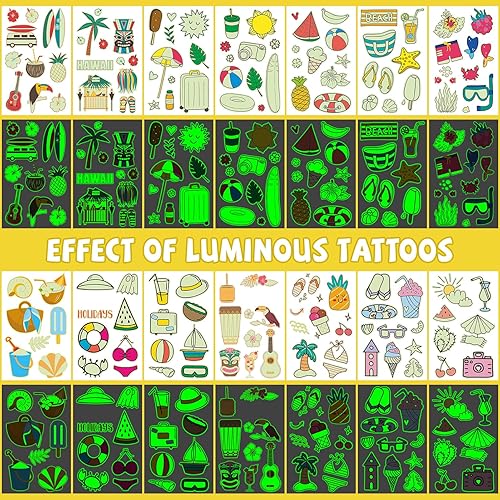 Miniatura 3 de EMOME Más de 650 estilos de tatuajes luminosos de verano para niños, tatuajes temporales que brillan en la oscuridad para niños, hawaiano Luau