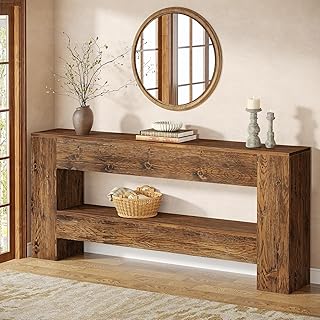 Solid Wood Console Table, 63-Inch Farmhouse Entryway Table with 2-Tier Storage Shelf, Rustic Wooden Narrow Long Sofa Table Behind Couch for Entryway, Hallway, Foyer, Living Room, Brown