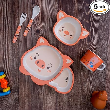 The Bamboo Co Kids/Baby Feeding/Dinner Set of 5 | Made of Bamboo| Kids Crockery Set Tableware |Baby Utensils and Dishes Set | Eco-Friendly |Organic & Natural (Bonnie Piglet)