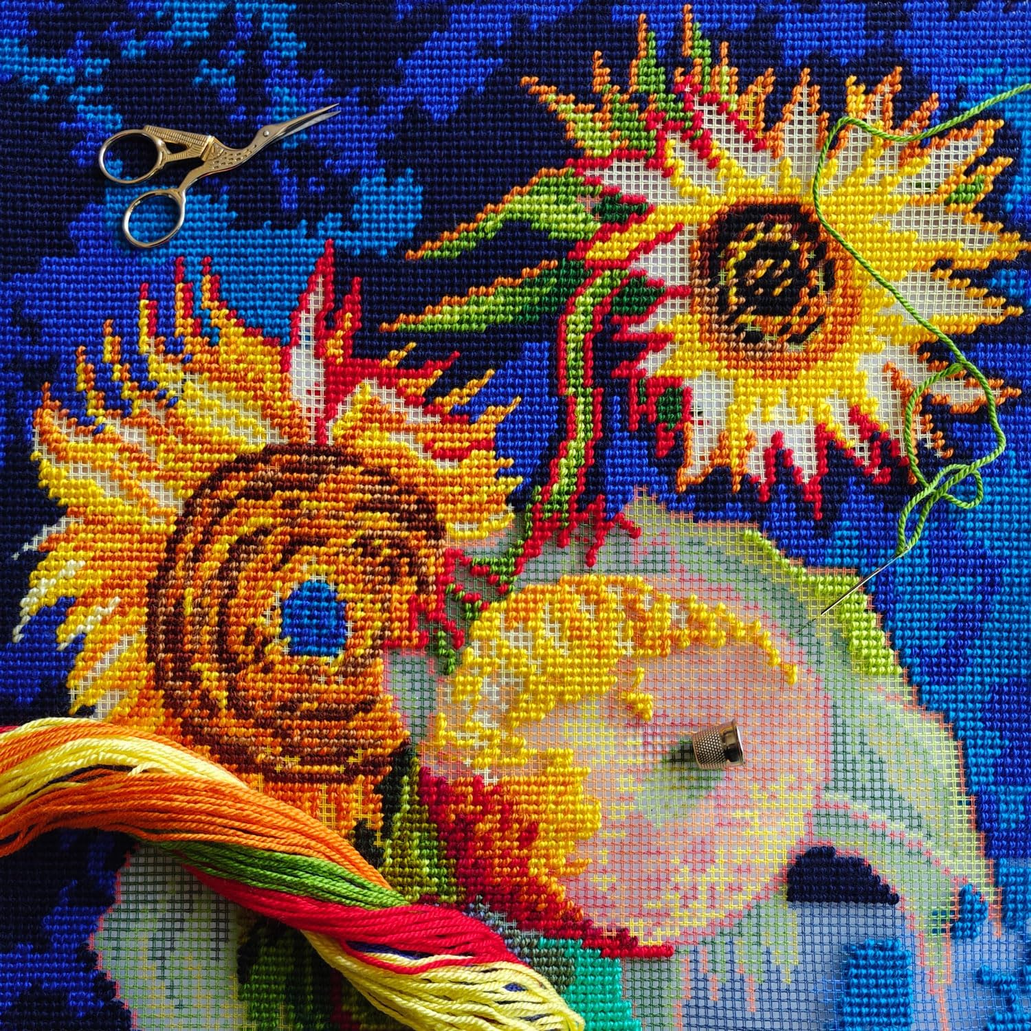 Brvsk Stamped Cross-Stitch Kit for Adults and Beginners — Sunflowers by Vincent Van Gogh 16″ × 16″ with Clear, Precise Printed Design on Cotton Canvas; Includes 2 Needles, Yarn, and Easy-Read Chart