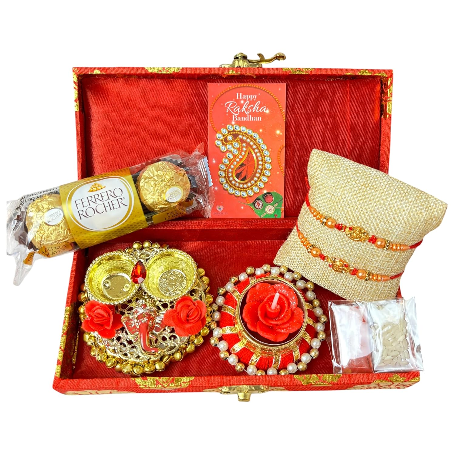 LoveNspire Rakhi Gift Hamper for Brother 2PC Rudraksha Rakhi with Candle Holder Haldi Kumkum Holder Roli Chawal Rakshabandhan Card Chocolates with Premium Brocade Gift Box - Bracelet for Bhai Bhabhi