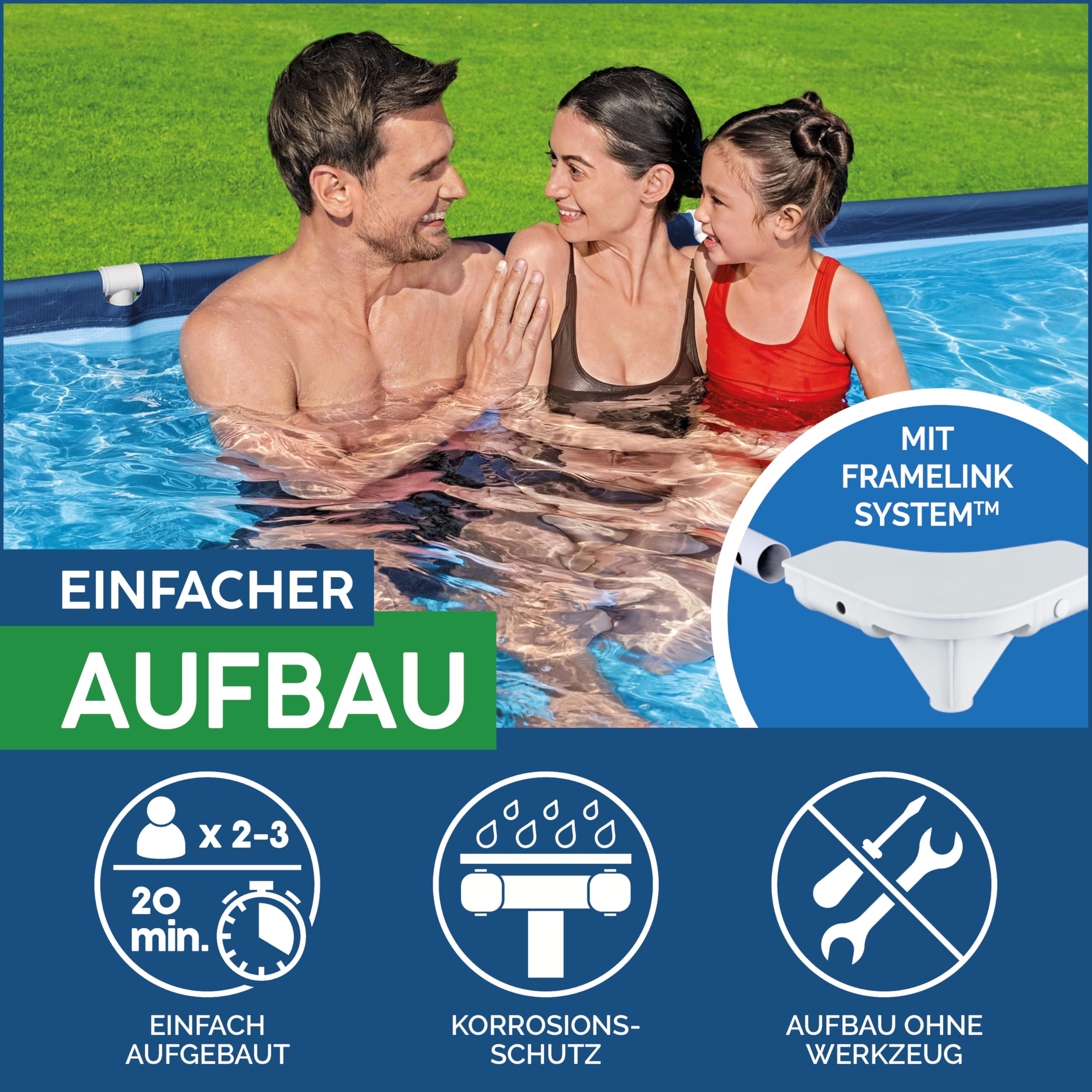 Bestway Steel Pro Frame Pool rechteckig 259 x 170 x 61 cm 2.300 Liter TriTech-Material FrameLink System korrosionsgeschützter Stahlrahmen dunkelblau