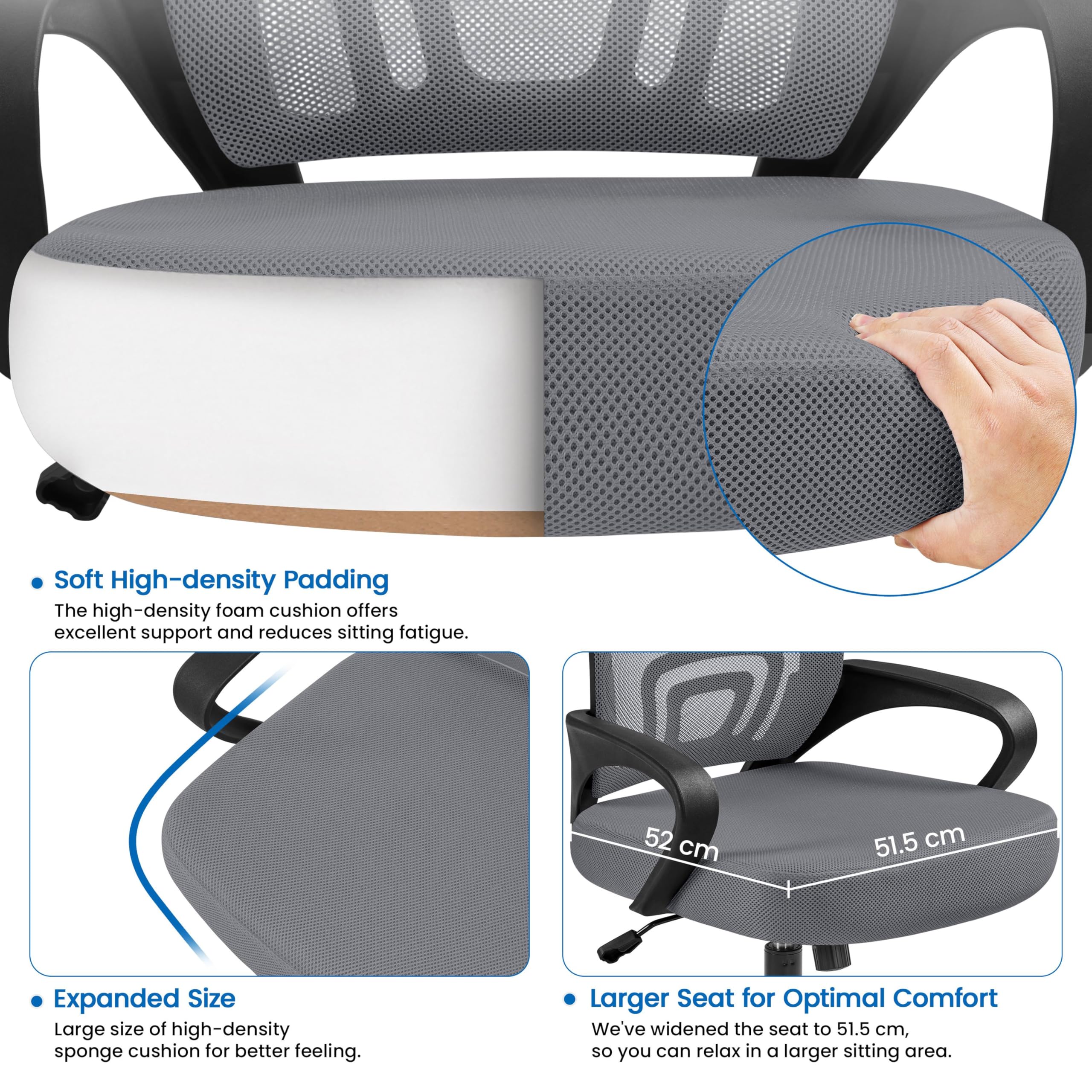 Yaheetech Chaise de Bureau Ergonomique à Hauteur Réglable Gris Foncé | Fauteuil de Bureau en Maille, Soutien Lombaire Intégré, Roulettes Pivotantes, Charge 136kg pour Chambre Bureau Studio
