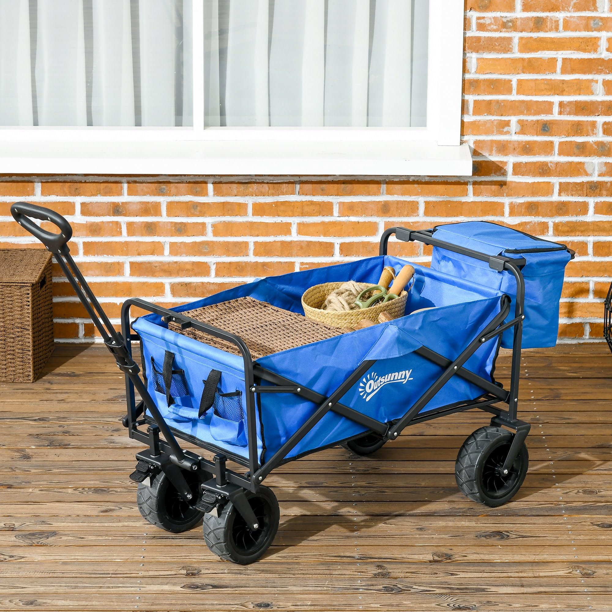 Outsunny Carello Spiaggia Pieghevole 110L con Maniglia Telescopica e Borsa Termica da 15L, Carrello da Giardino in Acciaio e Tessuto Oxford, Blu