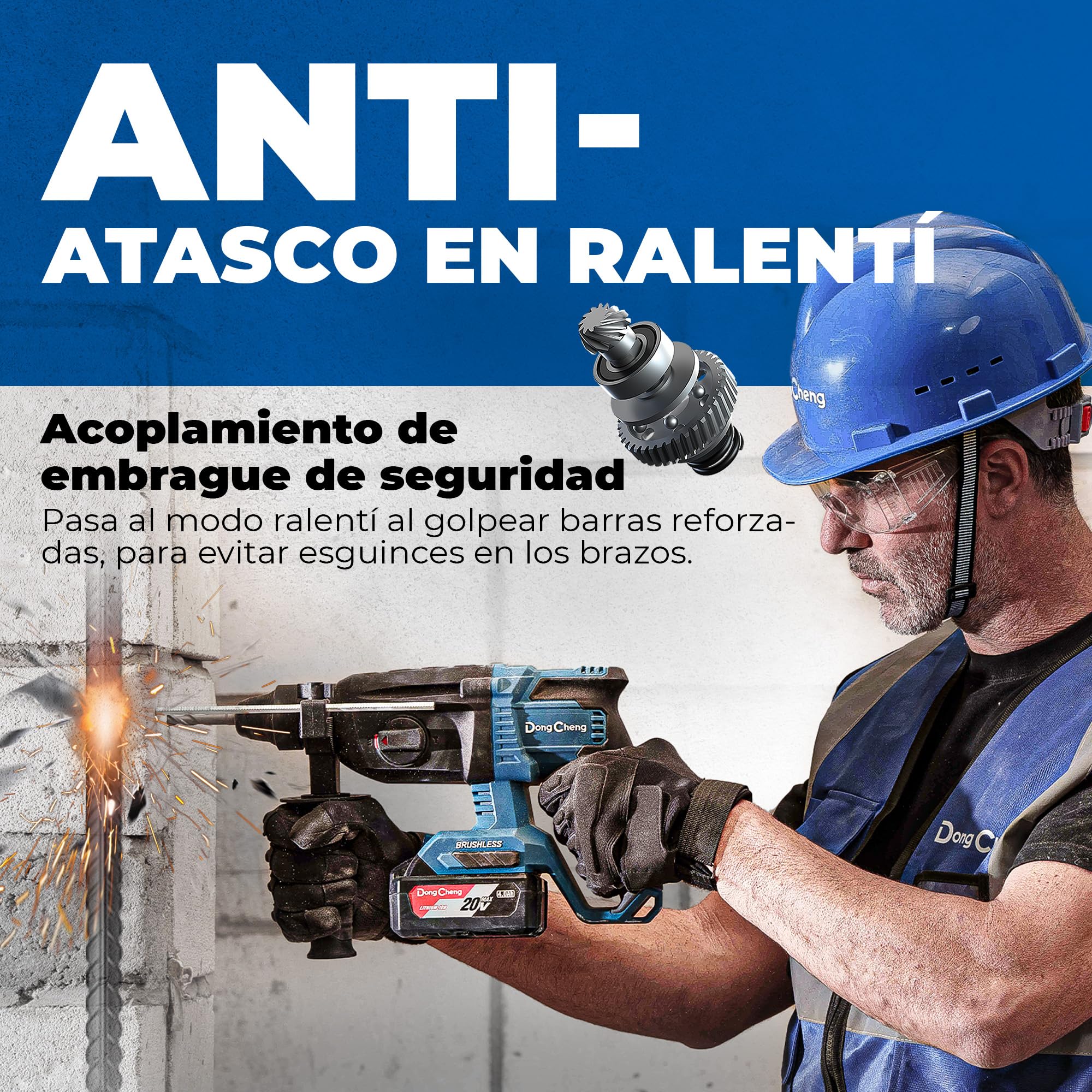 DongCheng Martillo perforador sin cable 18V, martillo percutor a batería 2,8 J, 4 piezas SDS-plus, perforación hasta 28 mm, motor sin escobillas empuñadura antivibración baterías 4Ah y cargador 2A