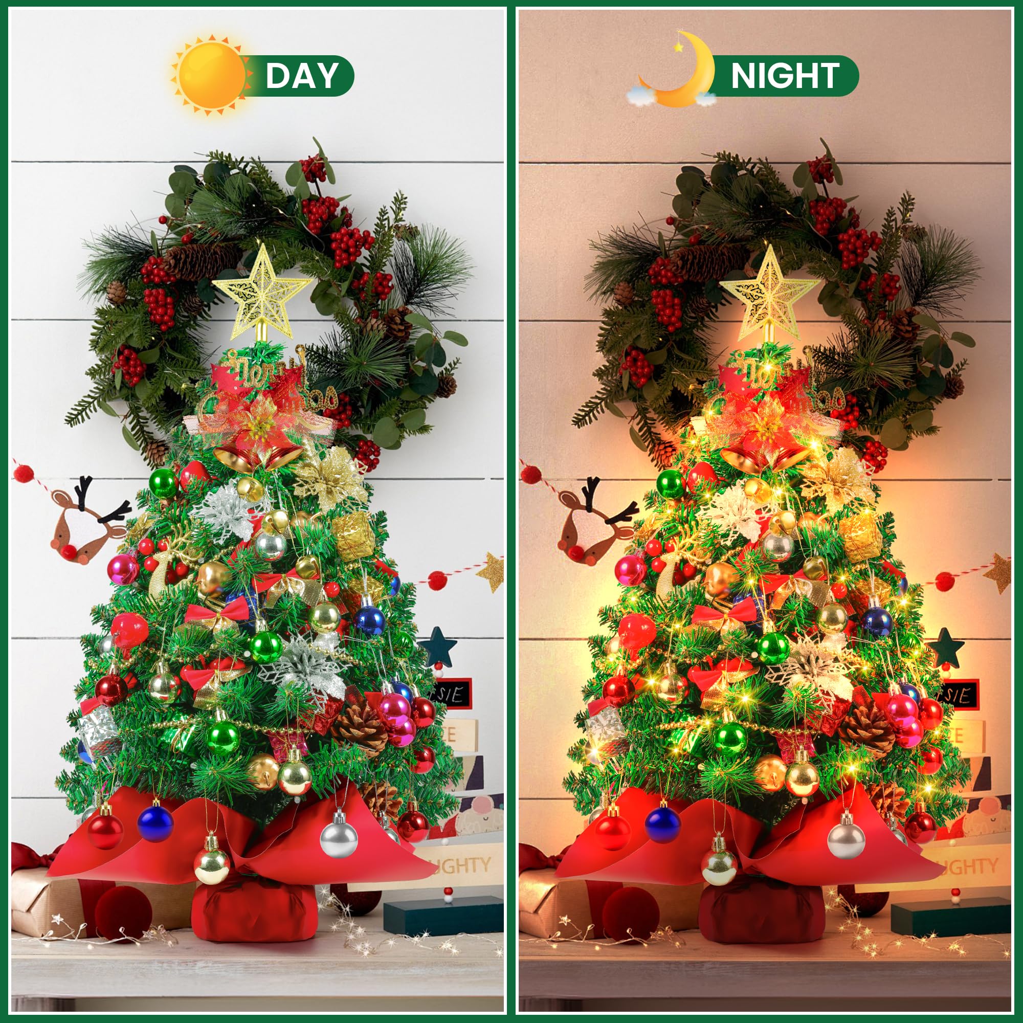 Mini sapin de Noël de 0,6 m avec lumières, sapin de Noël de table pré-éclairé avec 100 branches et plus de 80 décorations à faire soi-même, décorations de Noël d'intérieur et cadeaux pour homme et