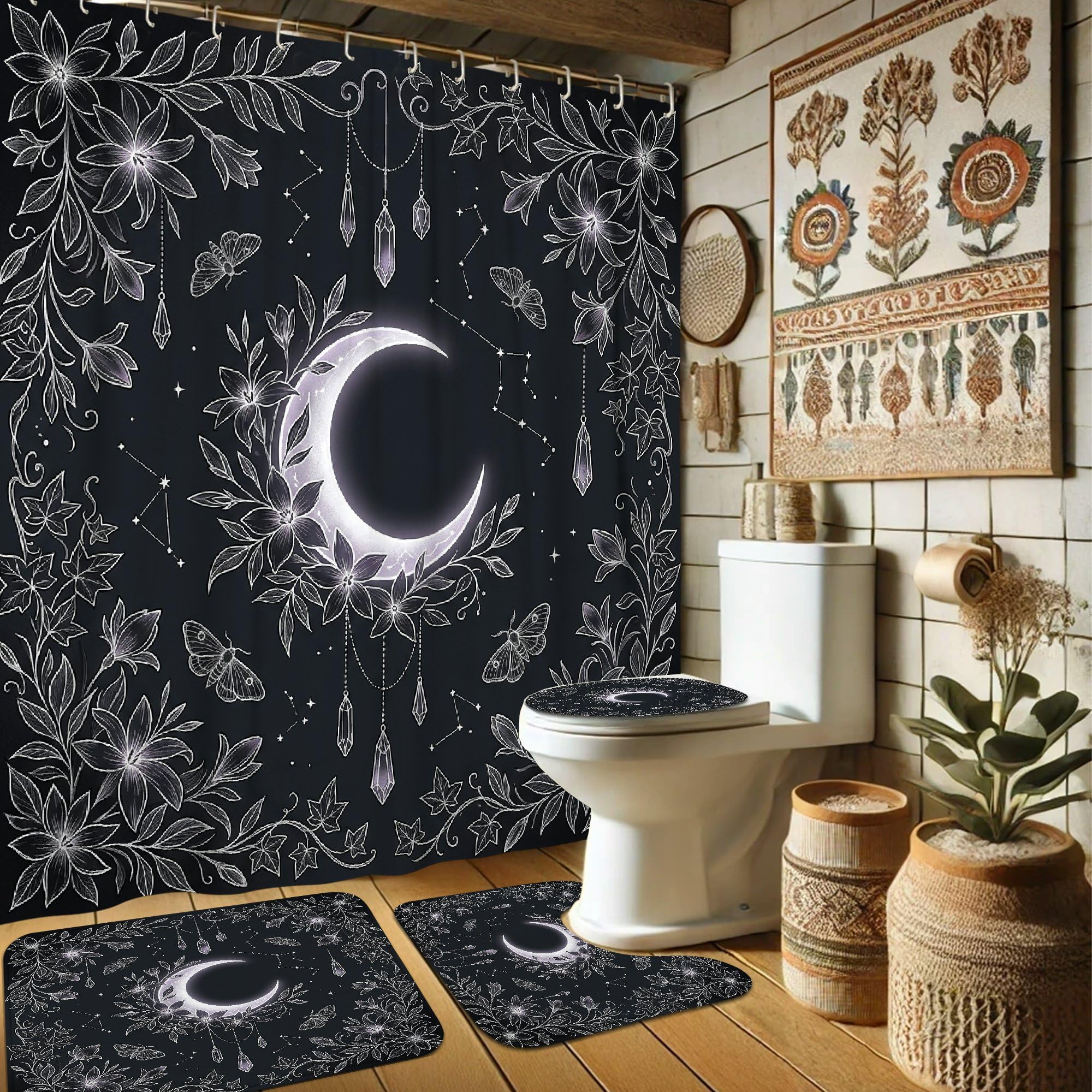 Rideau de douche imperméable motif lune mystique et fleurs bohèmes pour baignoire d'appartement