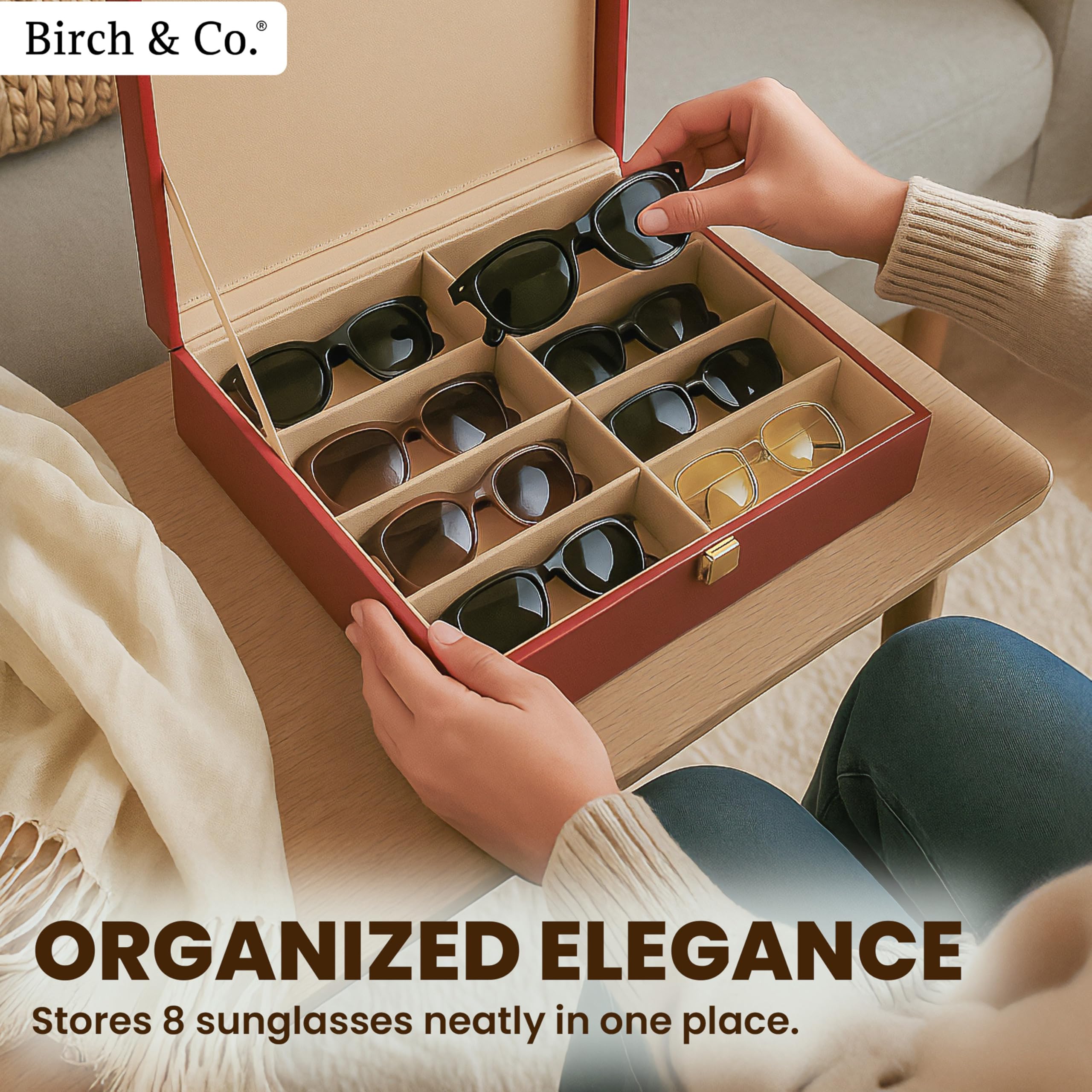 Sunglasses Organizer - Sunglass Case - Glasses Box - Specs Box for Men - Goggles Holder - Eyewear shades Organiser, Leather Finish, Soft Velvet Lining, Travel-Friendly for 8 Sunglasses, Mahogany - Image 2 thumbnail