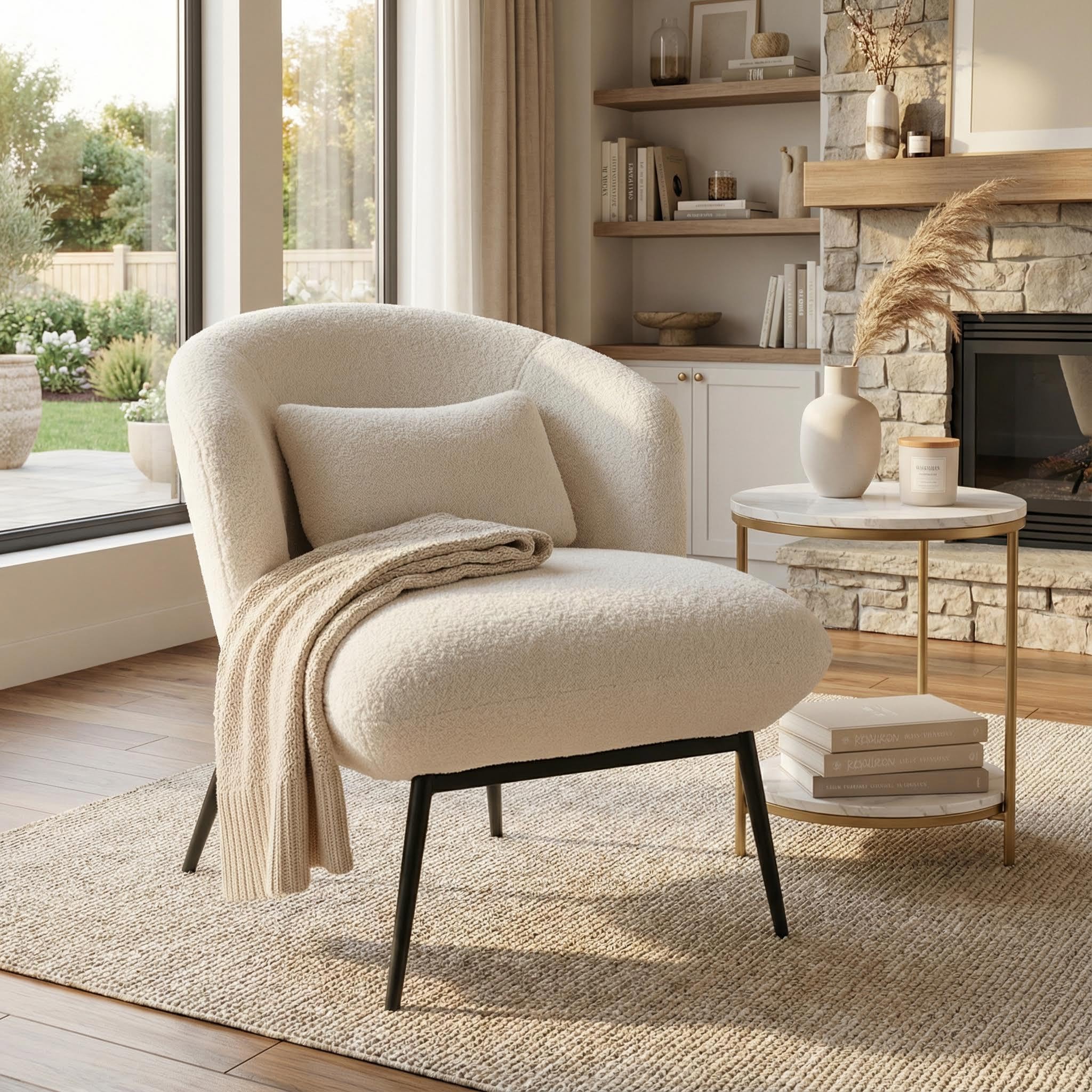 LukeAlon Modern Sherpa Accent Chair Upholstered Single Sofa Chair with Pillow & Black Metal Legs, Comfy Vanity Chair for Living Room, Bedroom, Office,