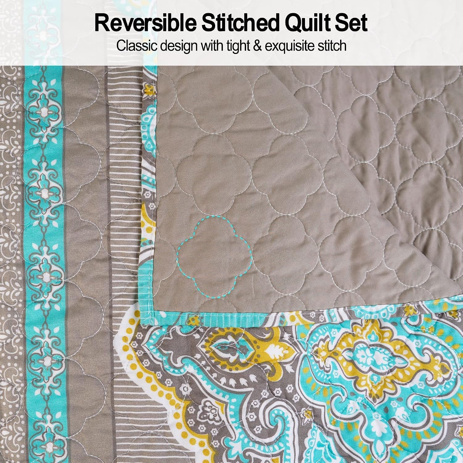Mooreeke 3 Pieces Bohemian Quilt Set Full/Queen Size Boho Striped Pattern Bedspread with Shams Reversible Microfiber Lightweight Coverlet Bedding Set for All Seasons Home Decor 90 x 90 Inches