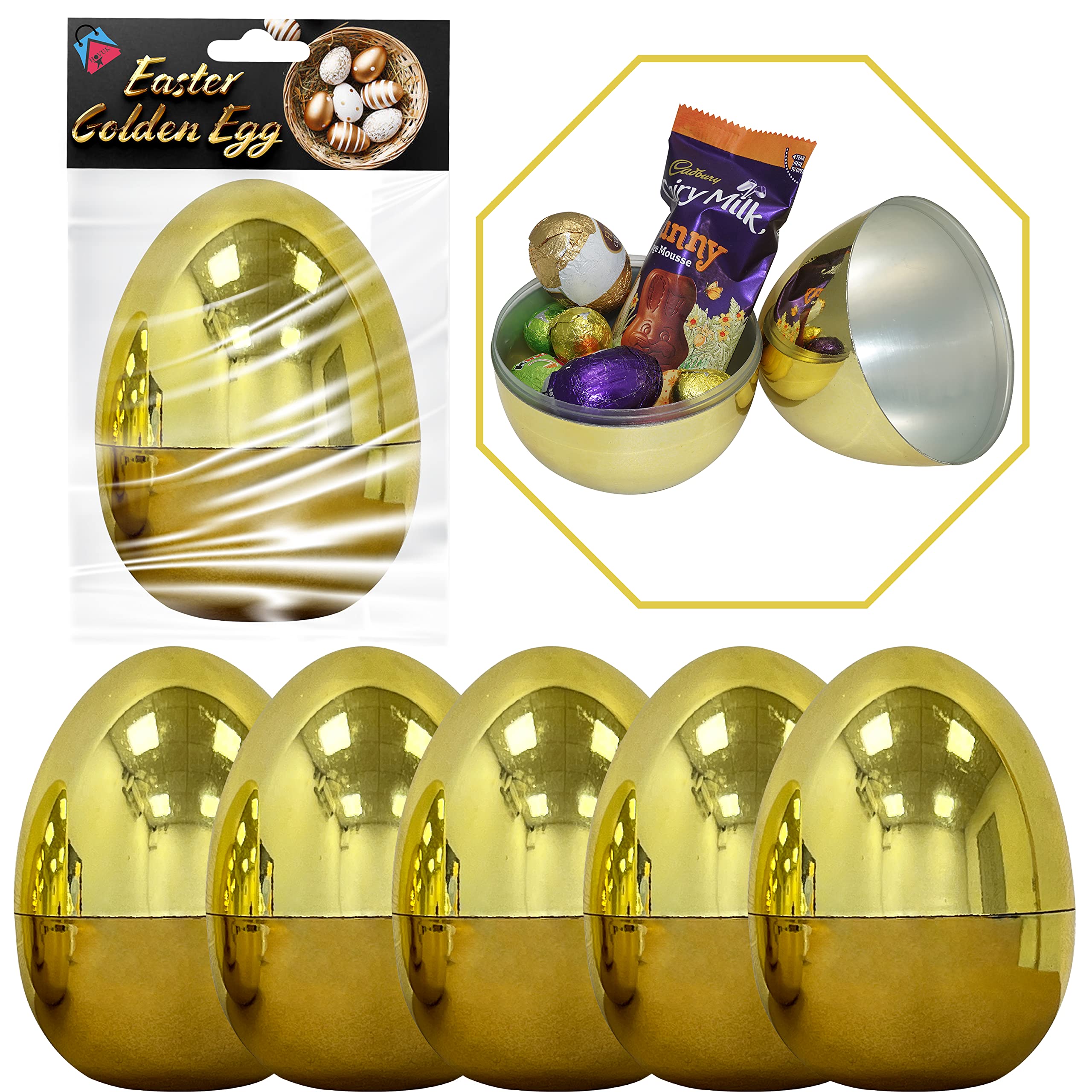 SRV Hub 5PCS Golden Easter Eggs 10cm - Jumbo Plastic Eggs Stands Upright for Easter Egg Hunt, Large Eggs for Filling Specific Treats