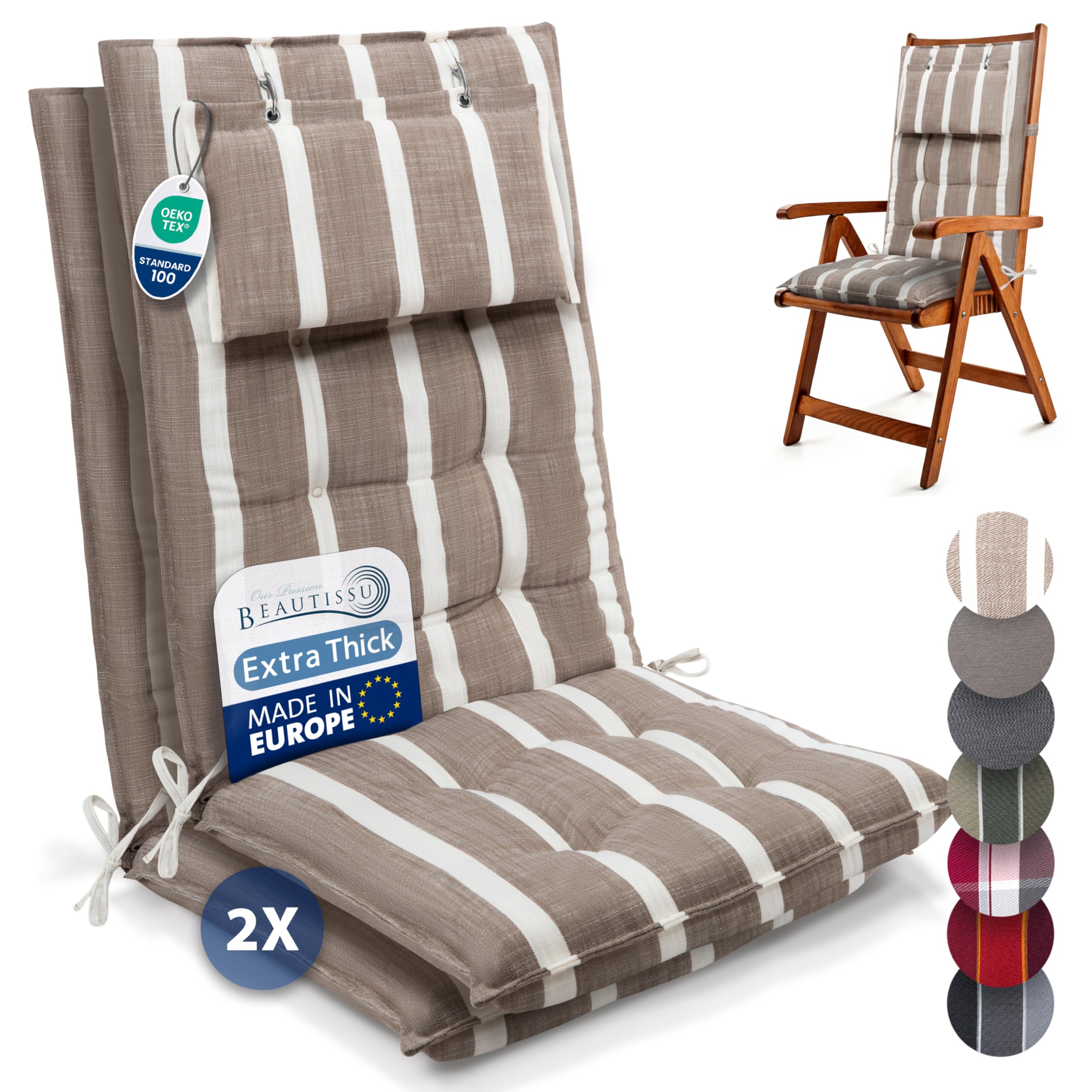 Beautissu Set of 2 Premium Outdoor Chair Cushion High Back with Head Pillow 120x50 cm - UV 8 cm Thick Padding Seat Cushions for Garden Chairs Non-Slip Fastening Straps - White Beige - Sun-HL — image 1
