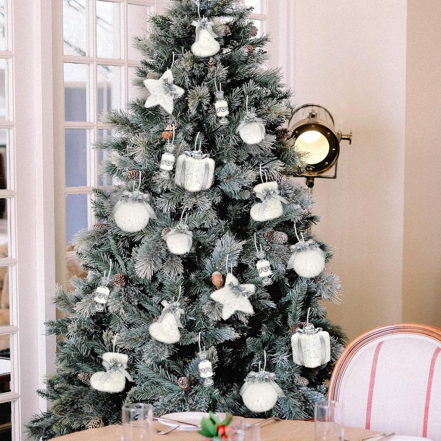 nature vibe set of 18 faux fur white christmas ornaments in gift box,ornament balls and hanging stars with silver accent as christmas tree decorations or winter wonderland decorations faux fur ornament(gift pack)-set of 18