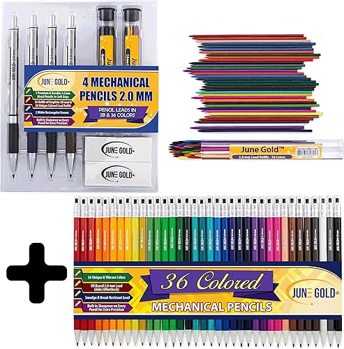 June Gold 4 - Lápices mecánicos de 0079in con 36 recambios 2B 72 recambios de colores 36 lápices mecánicos de colores surtidos de 0079in