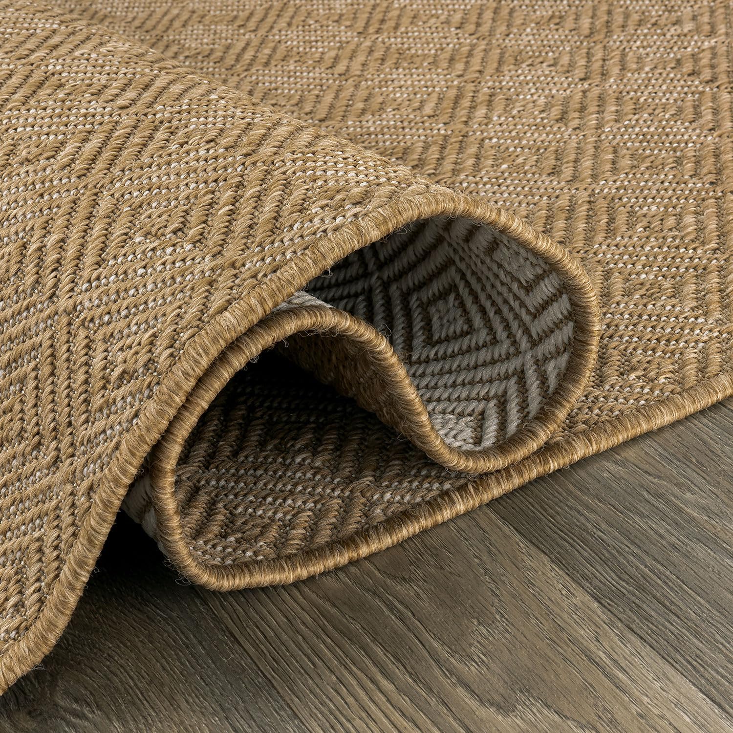 Rugshop Natural Easy Jute Reversible Indoor Outdoor Runner Rug – Cube Geometric Pattern, Weather-Resistant Low-Pile Flatweave Carpet for Patio, Deck, Porch & Entryway 2' x 7' Natural