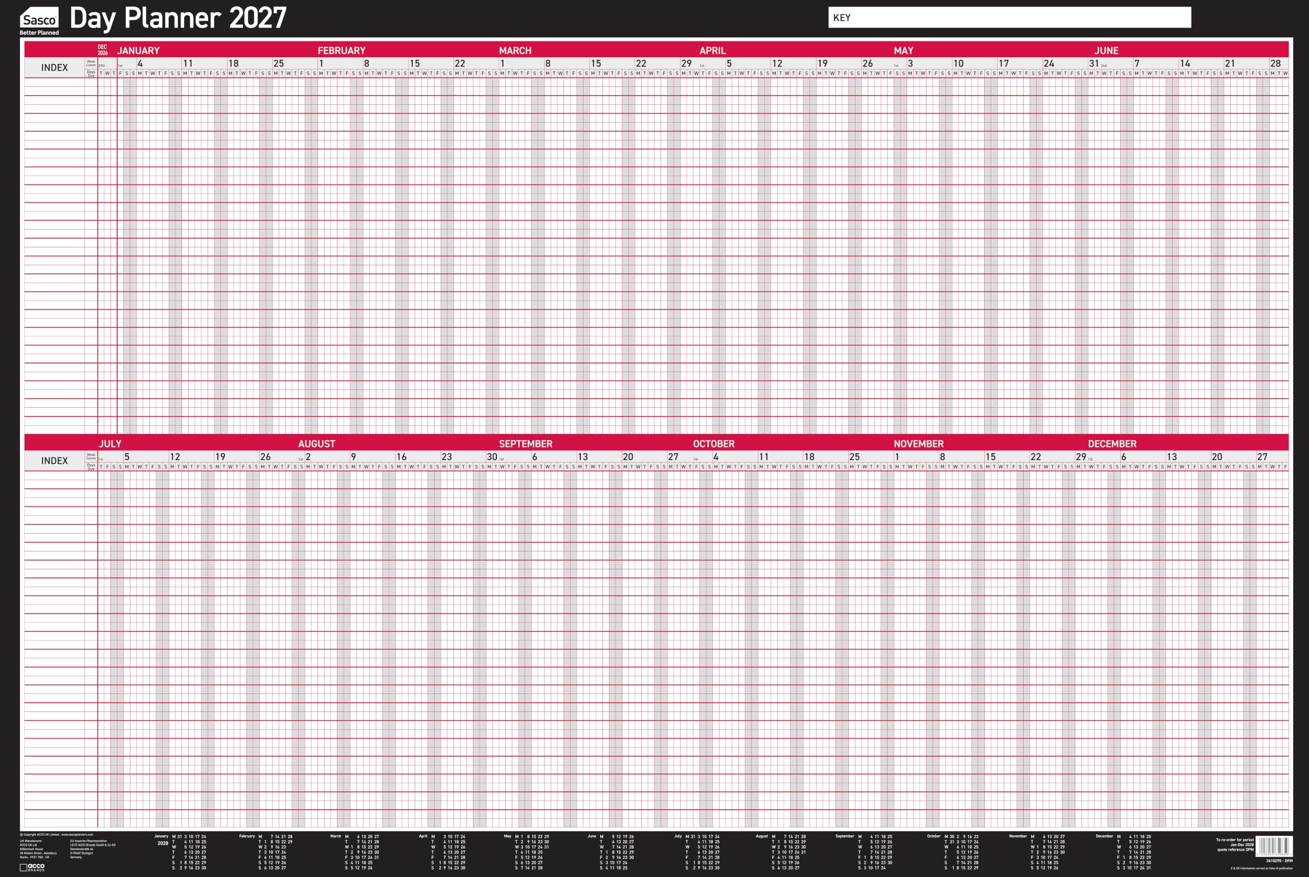Sasco 2027 Day Wall Planner with wet wipe pen & pack of 700 stickers, Black & Red, Board Mounted, 915mmW x 610mmH
