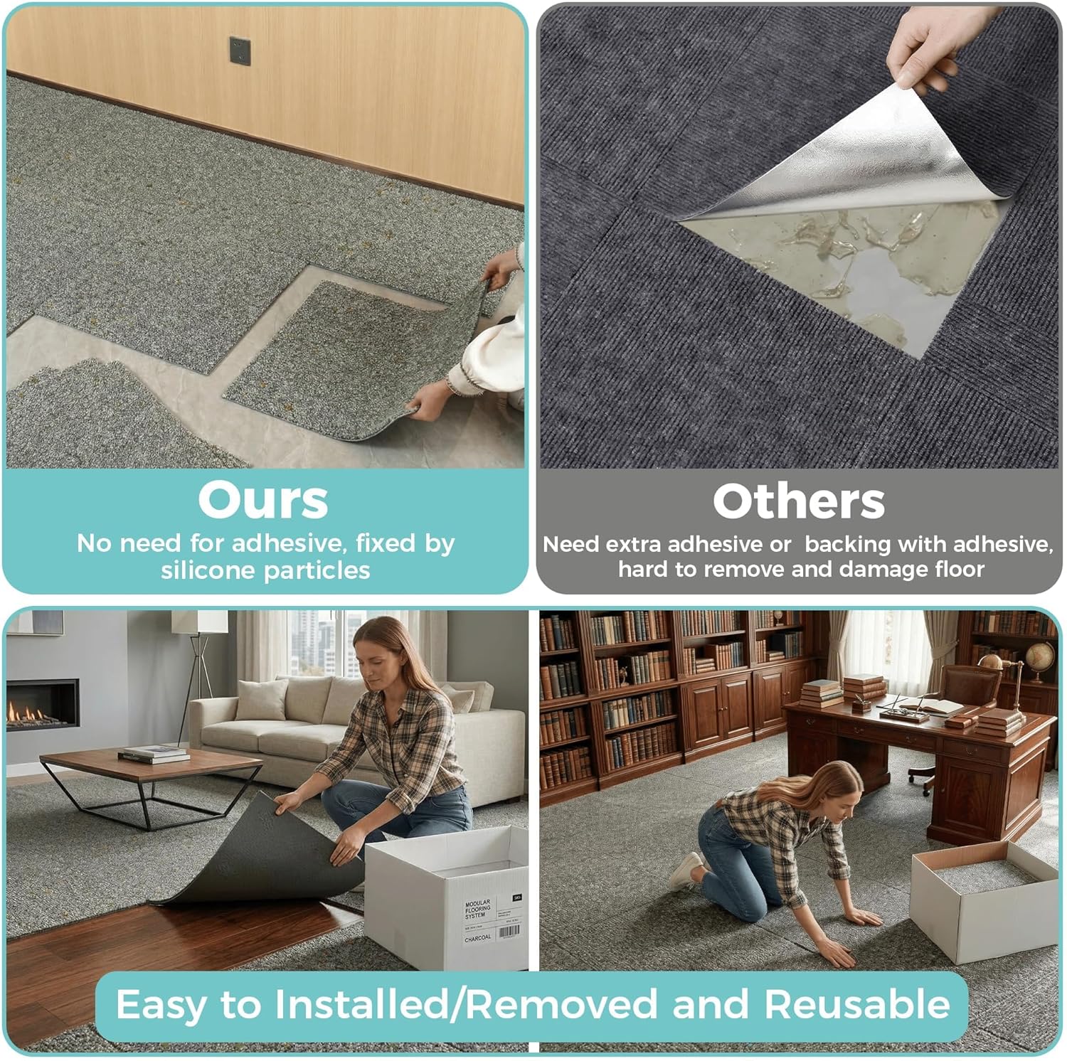 jxgzyy 0.38'' Thickened Carpet Tiles 20x20in, Non-slip Silicone Backing Carpet Squares with Padding Attached, Non-Adhesive Easy DIY Cushioning Flooring for Home Office Garage Basement, 4 Pcs/10.8 Sqft