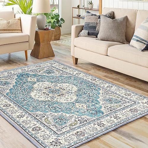 EARTHALL Alfombra bohemia de 5 x 7 pies, lavable persa envejecida, alfombra de área de entrada, alfombra de lana sintética, suave, esponjosa,