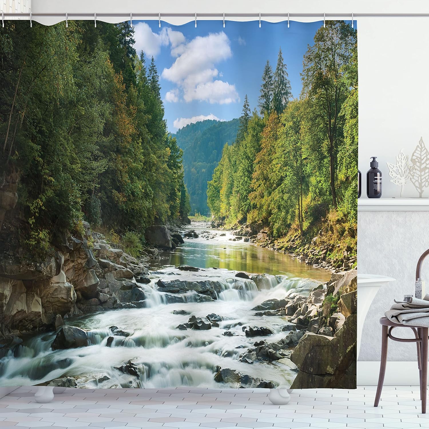 Ambesonne Nature Shower Curtain, Mountain River Along The Forest Waterfall Rocks Stream Travel Destination Landscape, Cloth Fabric Bathroom Decor Set with Hooks, 69" W x 70" L, Forrest Green