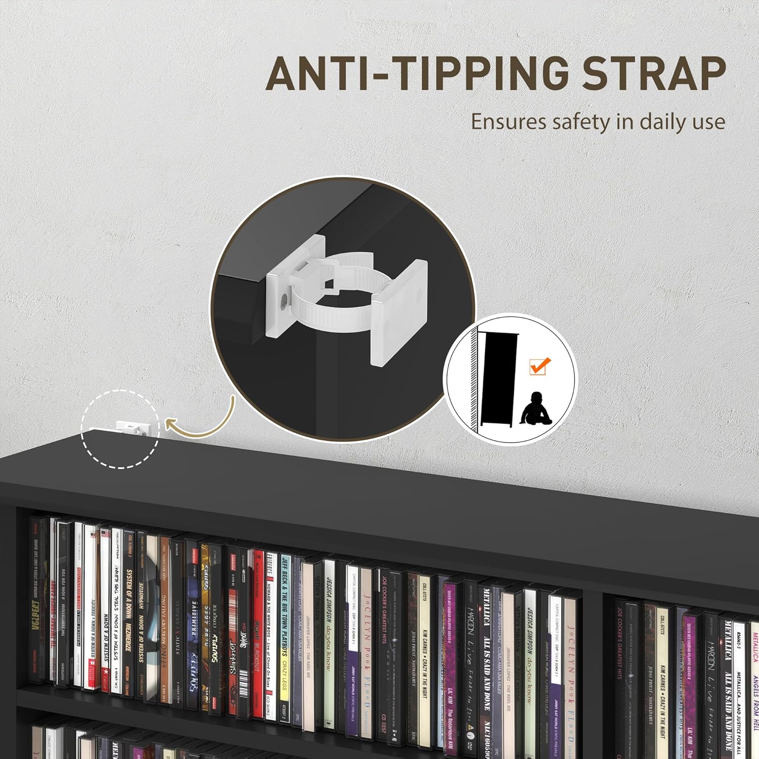 Illustration of the anti-tipping strap securely attaching the media cabinet to the wall for enhanced stability.