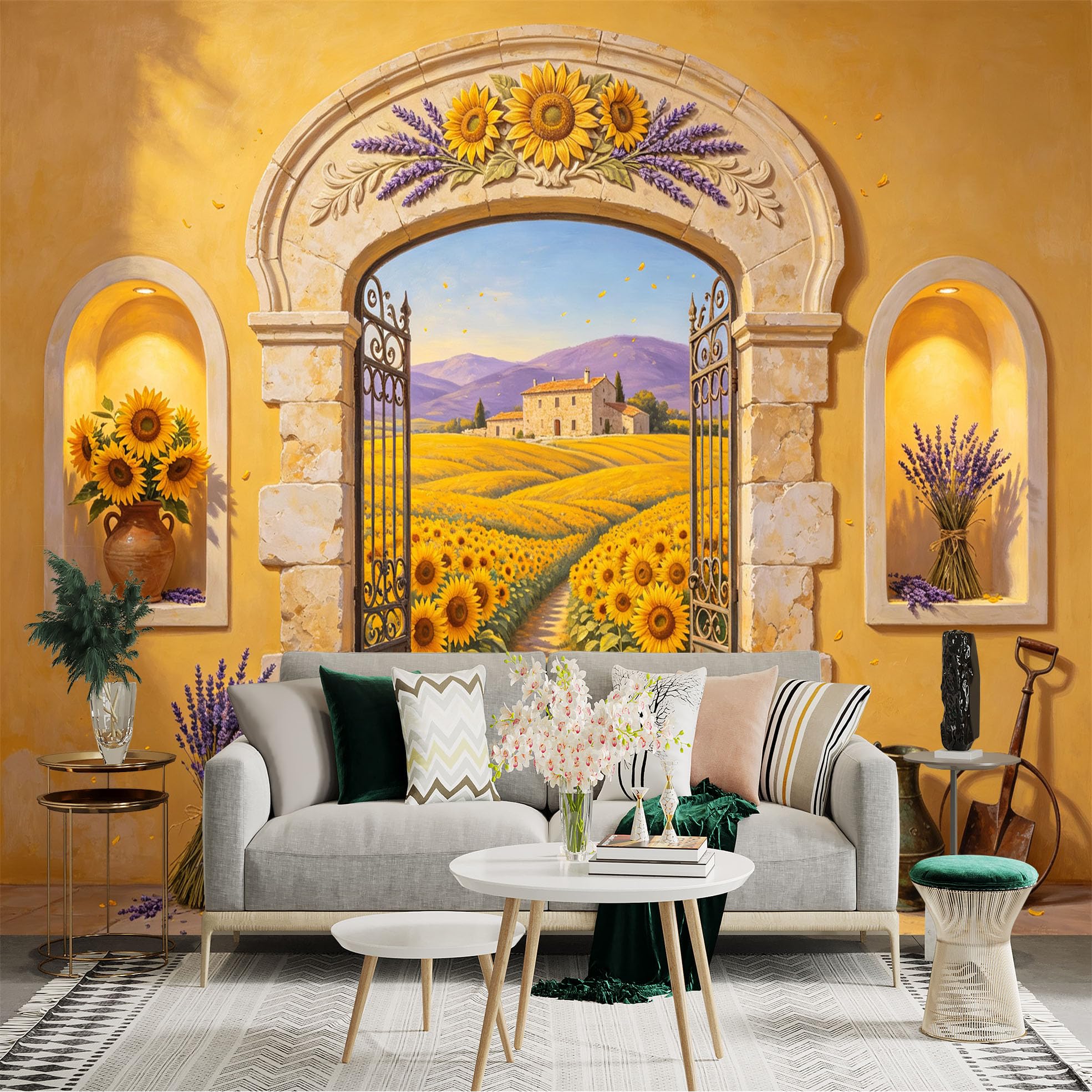 Custom Size Wall Sticker Mural， Rustic Sunflower Field with Stone Archway and Lavender Farmhouse Landscape， for wall Decoration， peelandstick wall Decals.