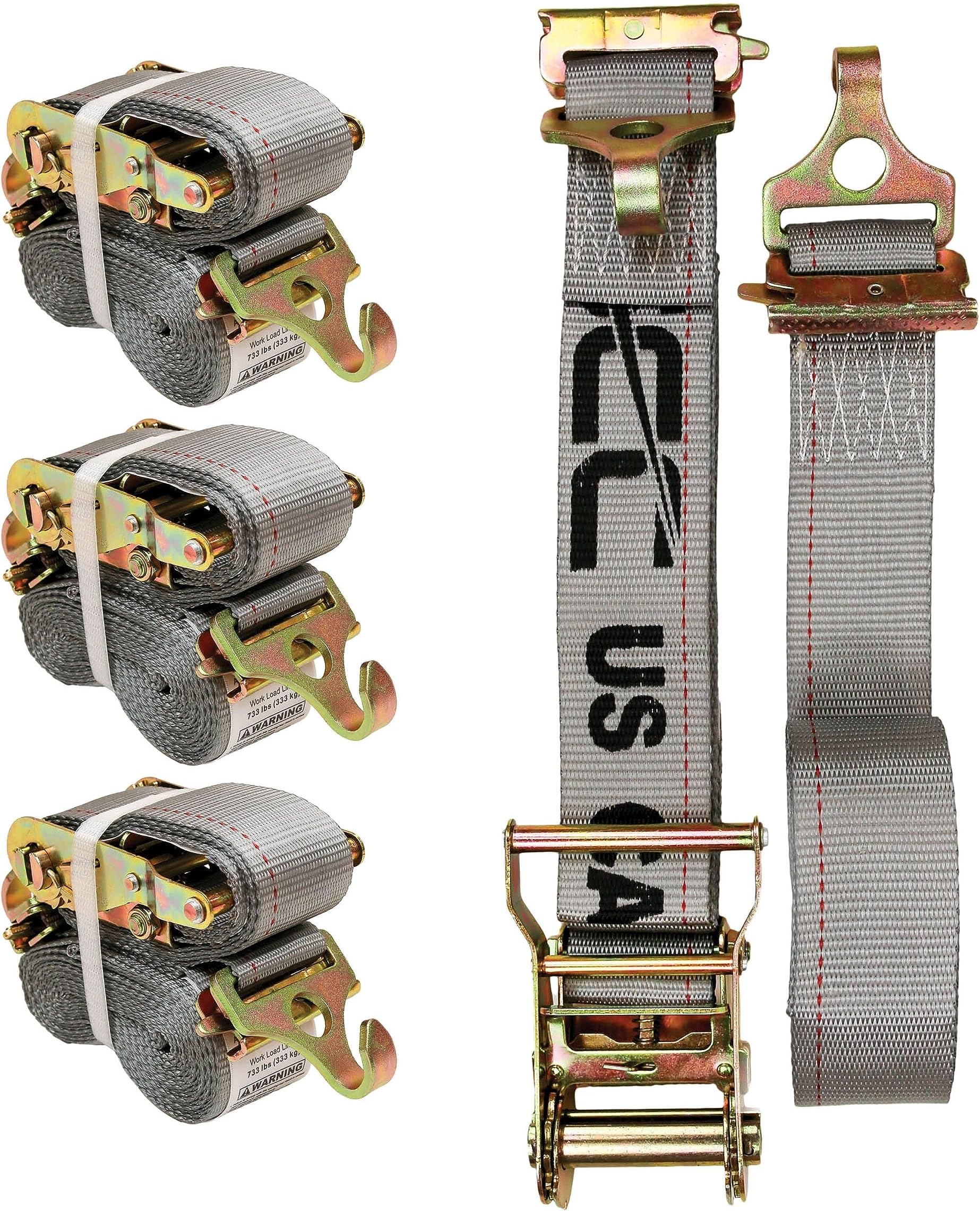 US Cargo Control Dual-End E Track Straps for Van Trailer (4 Pack), 2 in x 16 Ft Gray E Track Ratchet Straps with F-Track Hooks and Spring E-Fittings, 733 lbs. Working Load Limit, Logistic Tiedowns