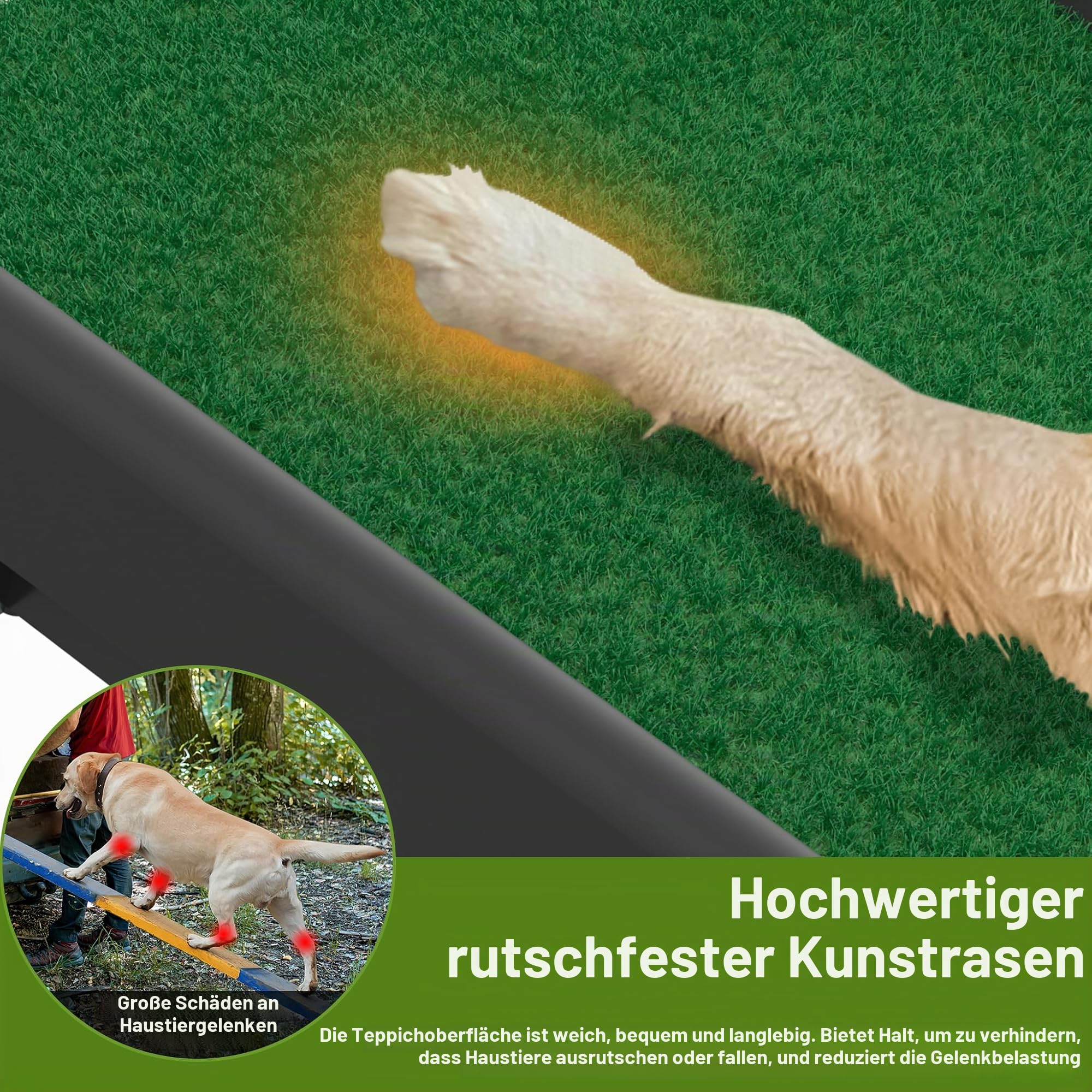 NAIZY Hunderampe 156cm Klappbare Hundetreppe Ramp mit Anti-Rutsch Matten Haustierrampe Kunststoff Kofferraumrampe Einstiegshilfe für Hund/Katz/Haustier bis 90 kg, mit Rasen