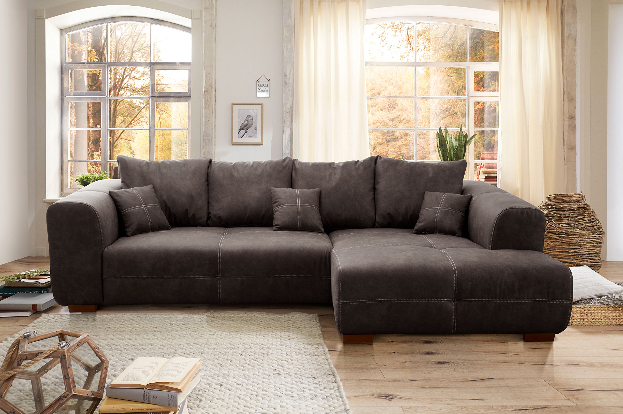 Cavadore Ecksofa Mavericco / XXL Eckcouch Inkl. Rückenkissen und Zierkissen / Longchair rechts / Industrial Style / 285 x 69 x 170 (BxHxT) / Mikrofaser Anthrazit