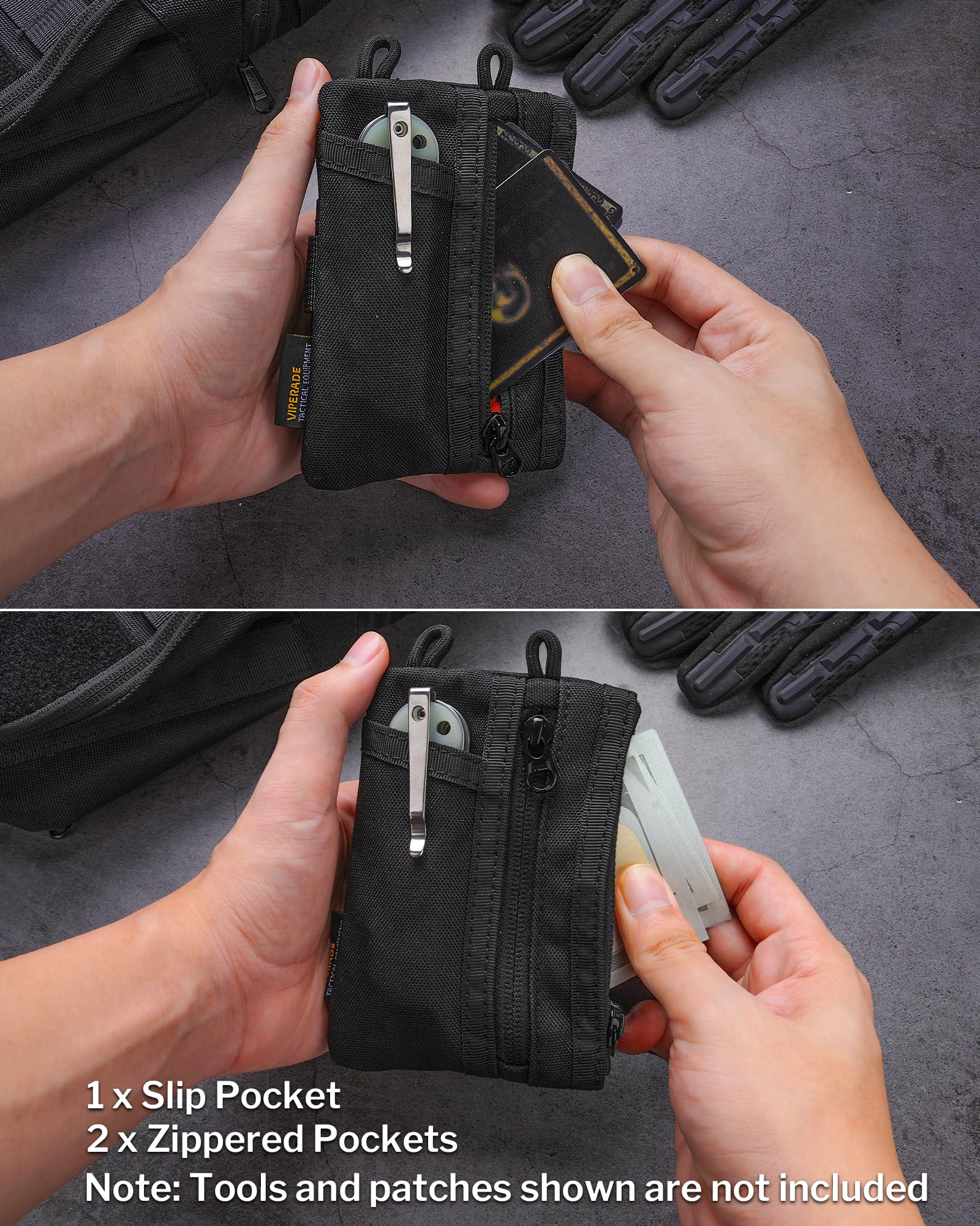 VIPERADE VE18N-M Pochette EDC, portefeuille de poche avec 3 emplacements EDC + 2 poches zippées, 1 grande poche pour ordinateur portable ou téléphone portable, organiseur de poche EDC fin pour homme
