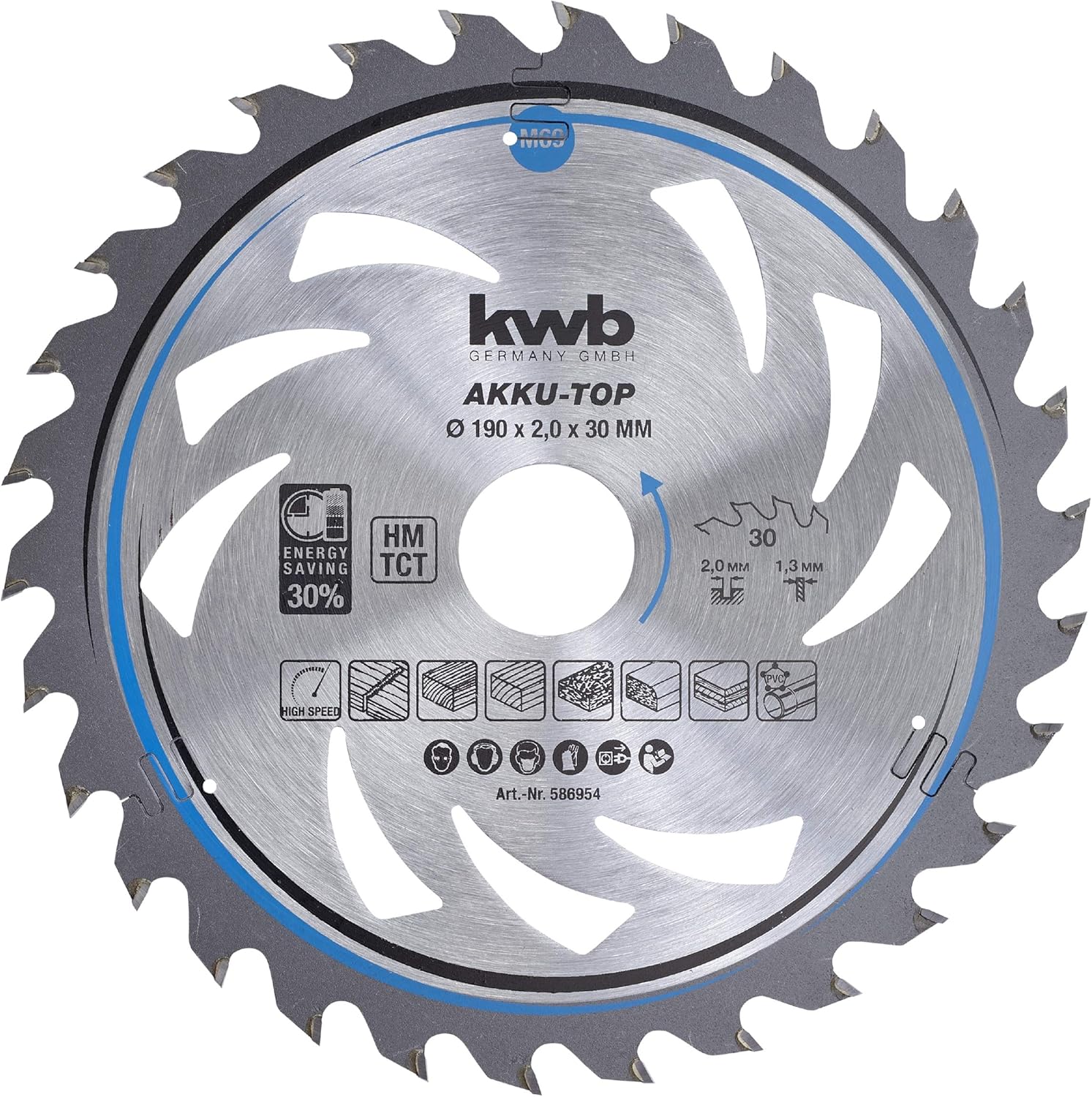 kwb 586954 Energy-Saving Circular Saw Blade Easy, Ø 190 x 30 mm Special Alternating Tooth 30 Teeth Z30, AKKU-TOP Thin Cut, 190 x 30