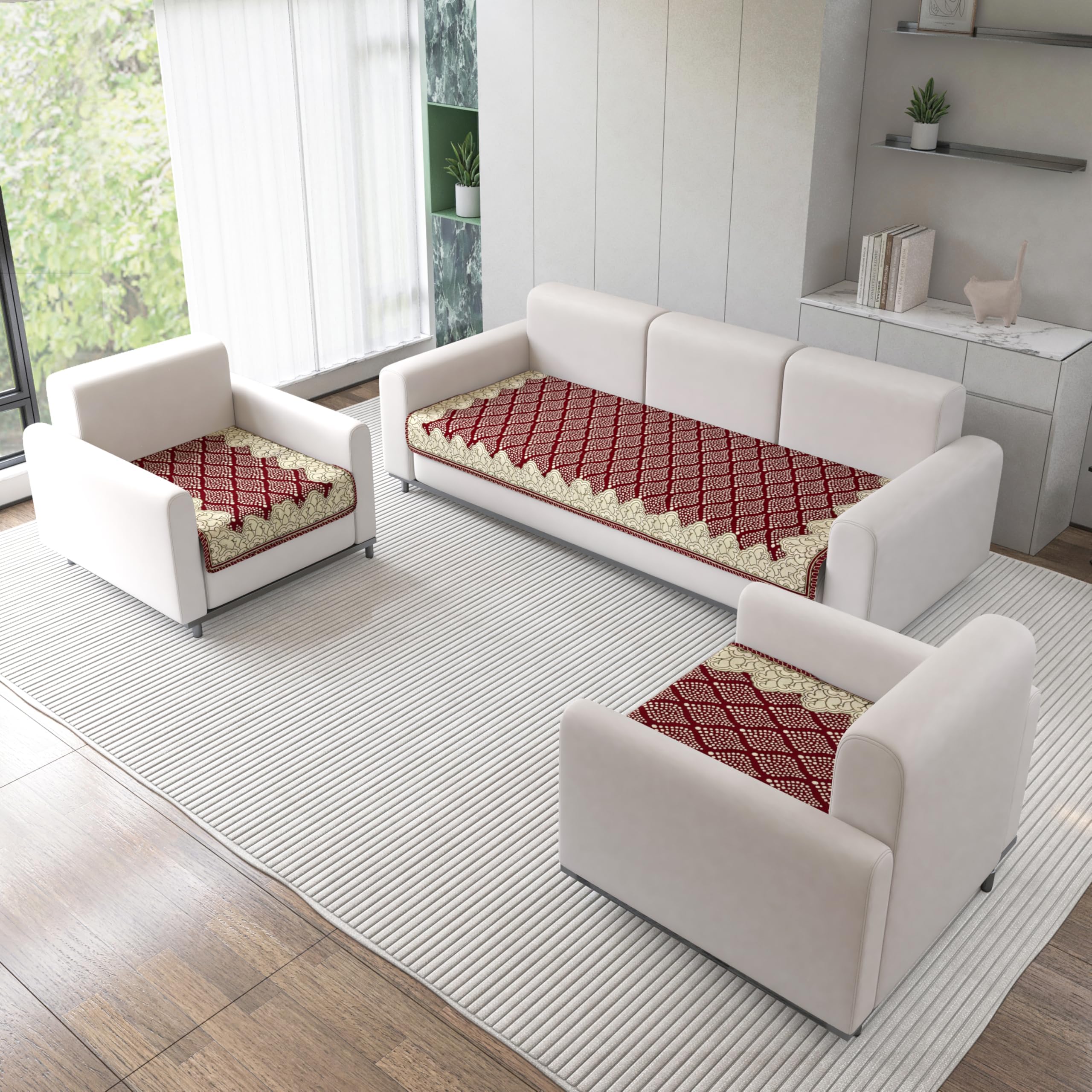 Nendle Luxurious Cotton Abstract Design 5 Seater Sofa Cover Set (Maroon, 6 Pieces)