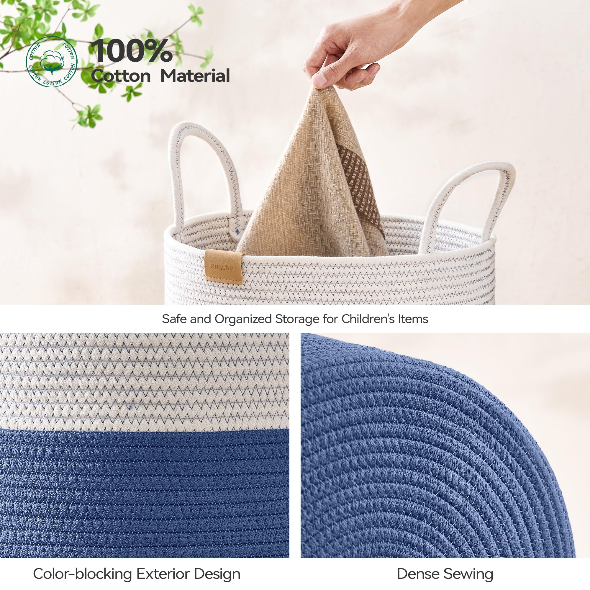 Nunsino Cesto portabiancheria con manici, 95 l, blu navy