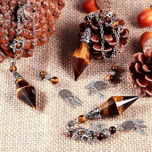 Miniatura 2 de Rockcloud Péndulo de piedra natural de ojo de tigre curativo Reiki de 12 facetas con dije hexagonal de atrapasueños Wicca para equilibrar la