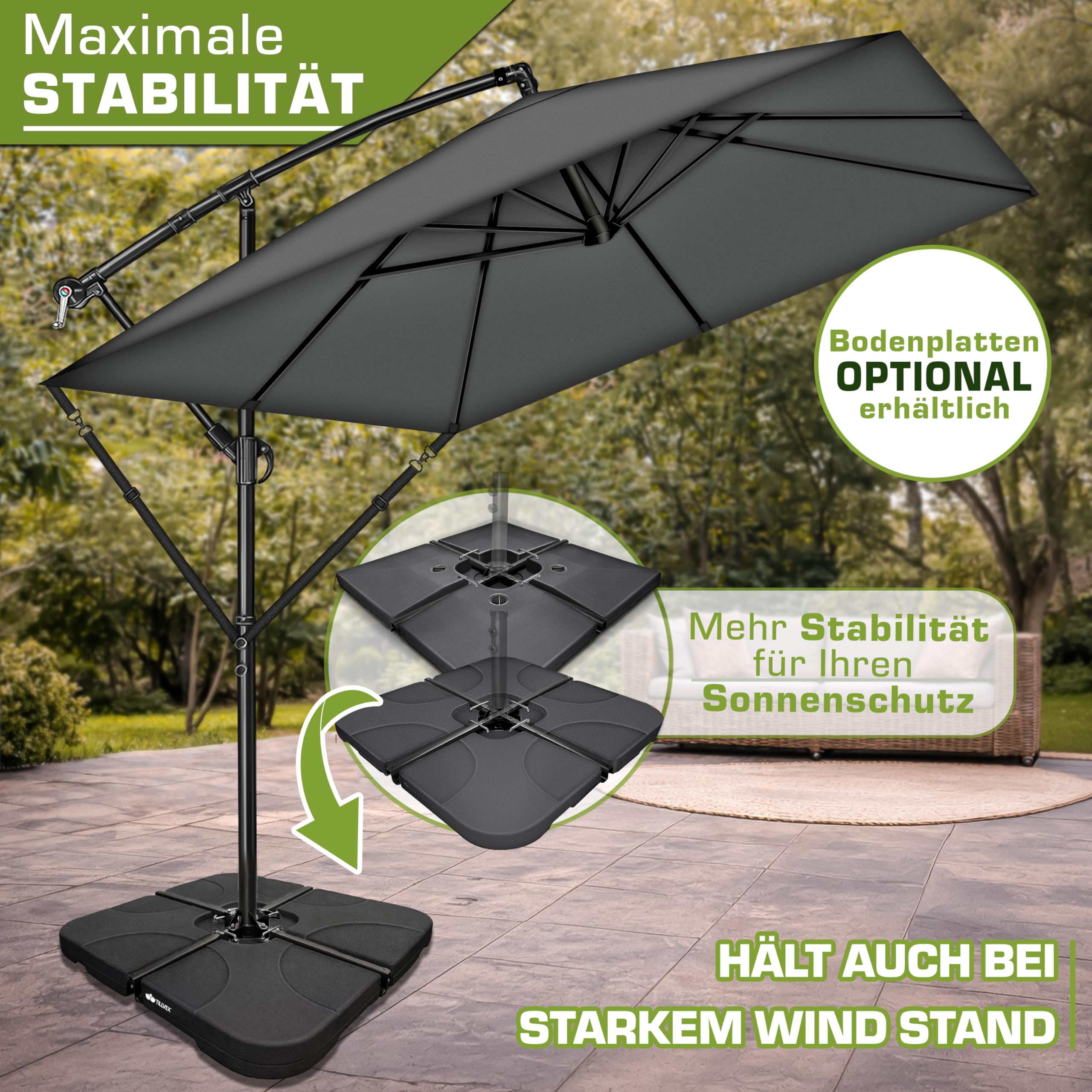 tillvex® Alu Sonnenschirm Rechteckig Ø 330 cm + Abdeckung mit Kurbel | Ampelschirm Aluminium Eckig mit Ständer & Windschutz | Gartenschirm UV-Schutz, wasserdicht, 360° drehbar