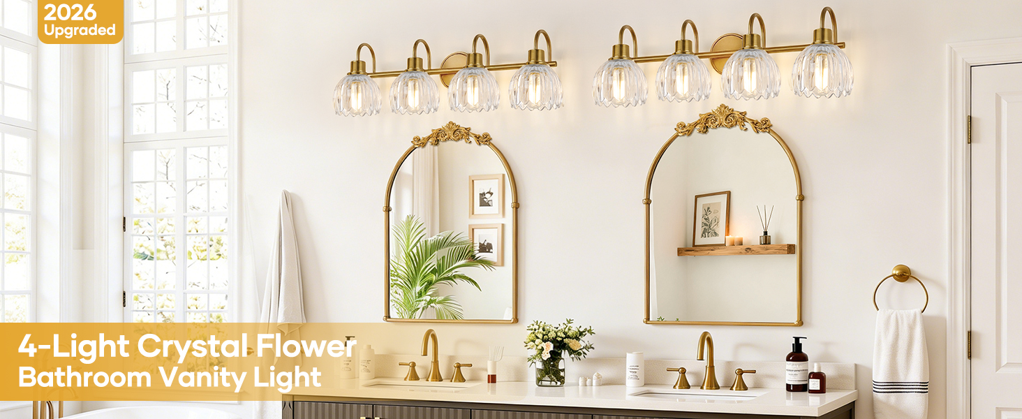 Image of 4-Light Bathroom Light Fixtures, 27 inch Brushed Gold Vanity Lights for Bathroom with Ribbed Clear Tulip Glass Shade, Vintage Bathroom Vanity Lighting Fixtures Over Mirror for Bedroom Living Room Hallway