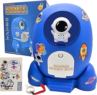 Rocket Ship Piggy Bank for Boys Money Safe Astronaut Piggy Banks for Kids Cash Coin Can ATM Bank Coin Money Bank for Kids with Key Astronaut Sticker Practical Gifts for Children Boys and Girls (Blue)