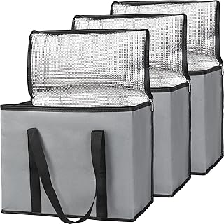 Bodaon 3-Pack Insulated Reusable Grocery Shopping Bags, X-Large Food Delivery Bag, Pizza/Picnic Cooler Bag with Zipper/Zippered Top Cold, Dark Grey