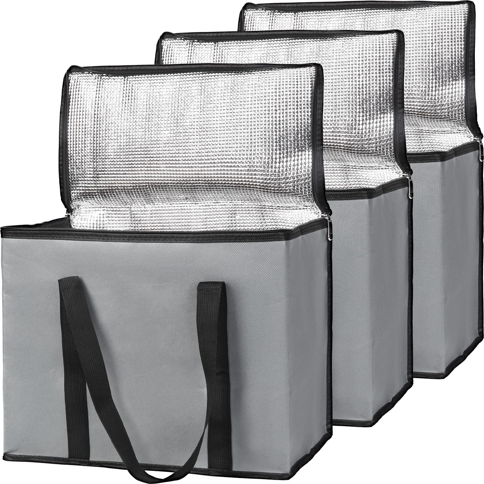 Bodaon 3-Pack Insulated Reusable Grocery Shopping Bags, X-Large Food Delivery Bag, Pizza/Picnic Cooler Bag with Top Cold, Dark Grey