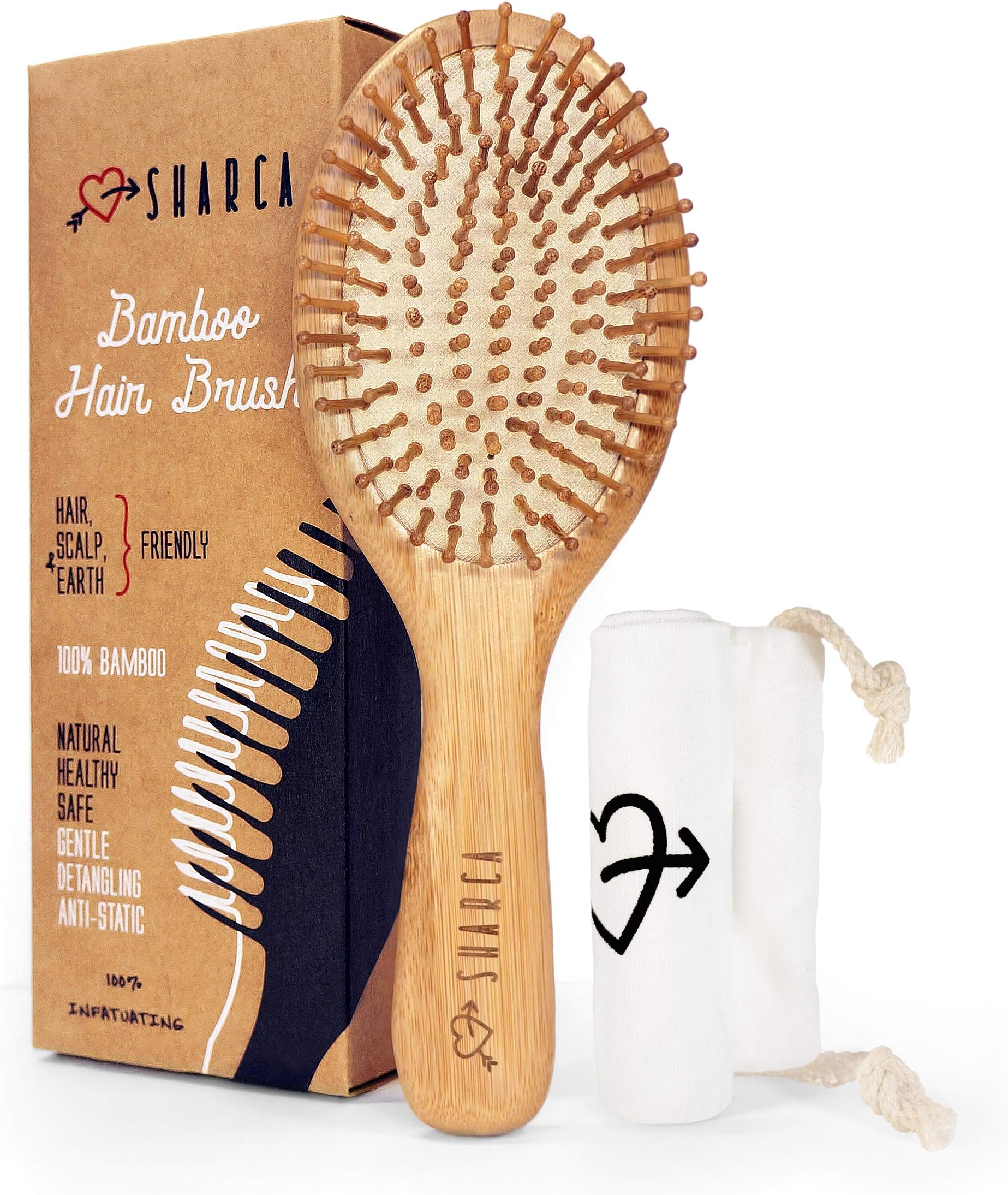Premium Wooden Bamboo Hair Brush with Ball Tipped Bristles from Natural Wood. Organic, Biodegradable, No plastic