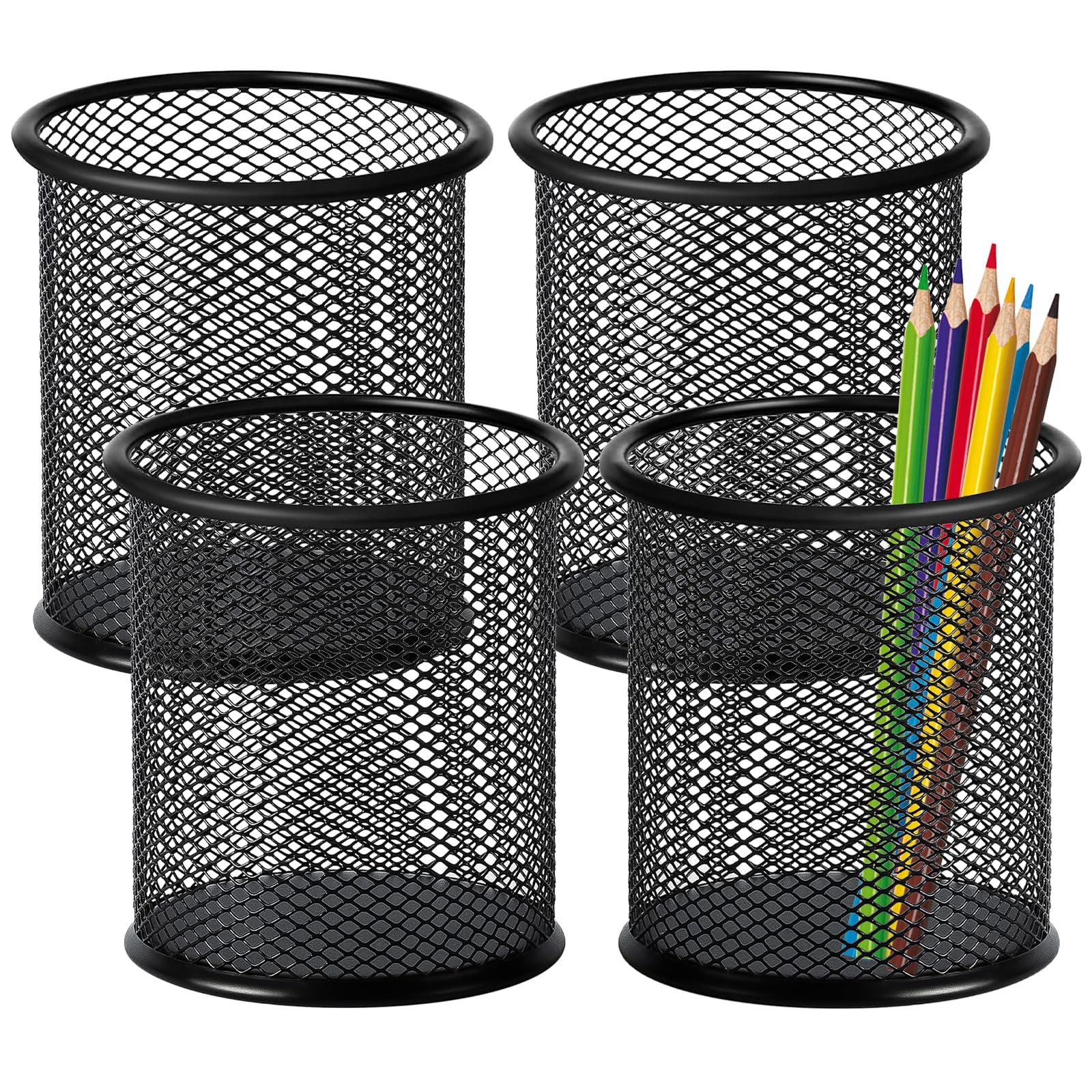 Mgood 4 Pack Pen Holder, Round Metal Mesh Pen Pot, Durable Stationary Organiser, Multifunctional Pencil Pot for School Home