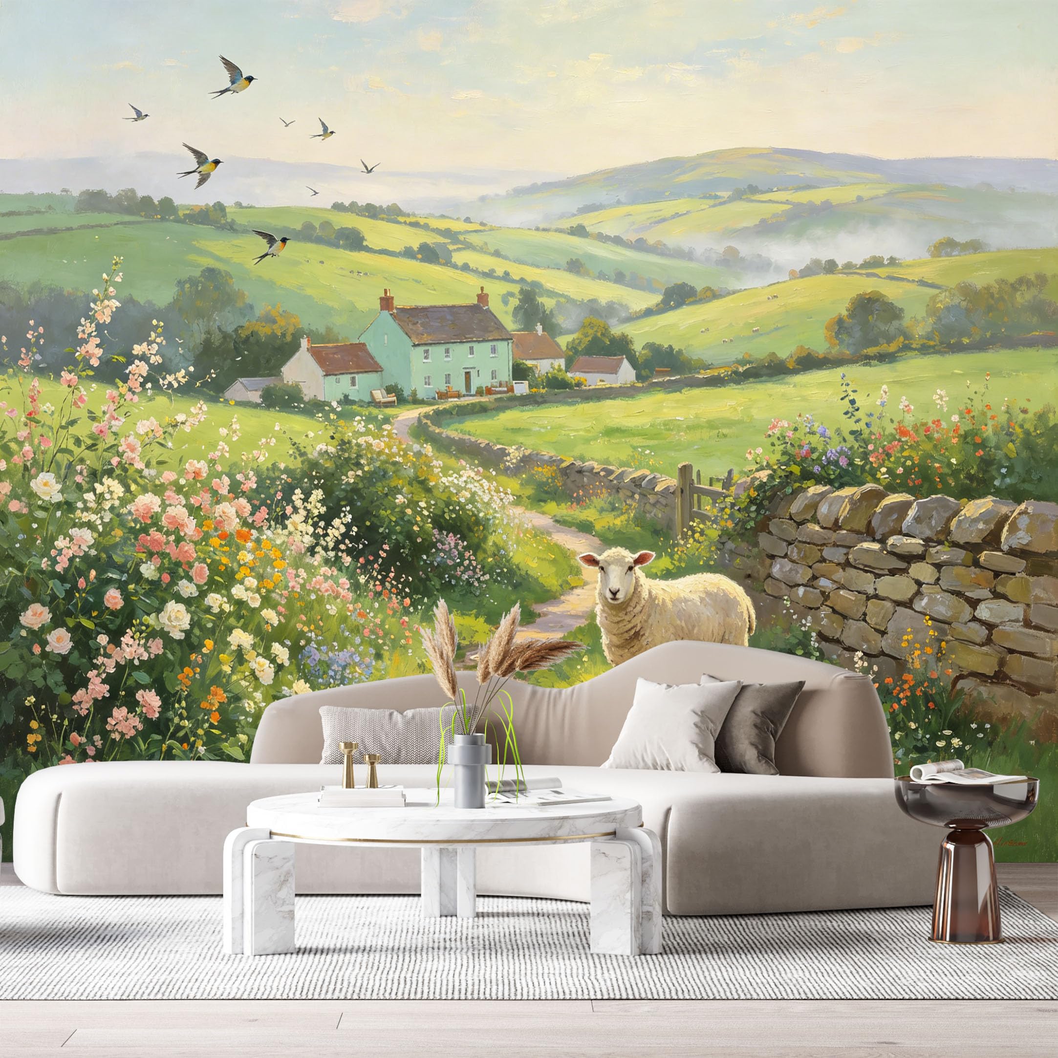 Custom Size Wall Murals Farmhouse American Country Oil Painting Rolling Hills Cottage Sheep Wildflowers SelfAdhesive Wall Fabric Removable Large Wallpaper Photo for Living Room