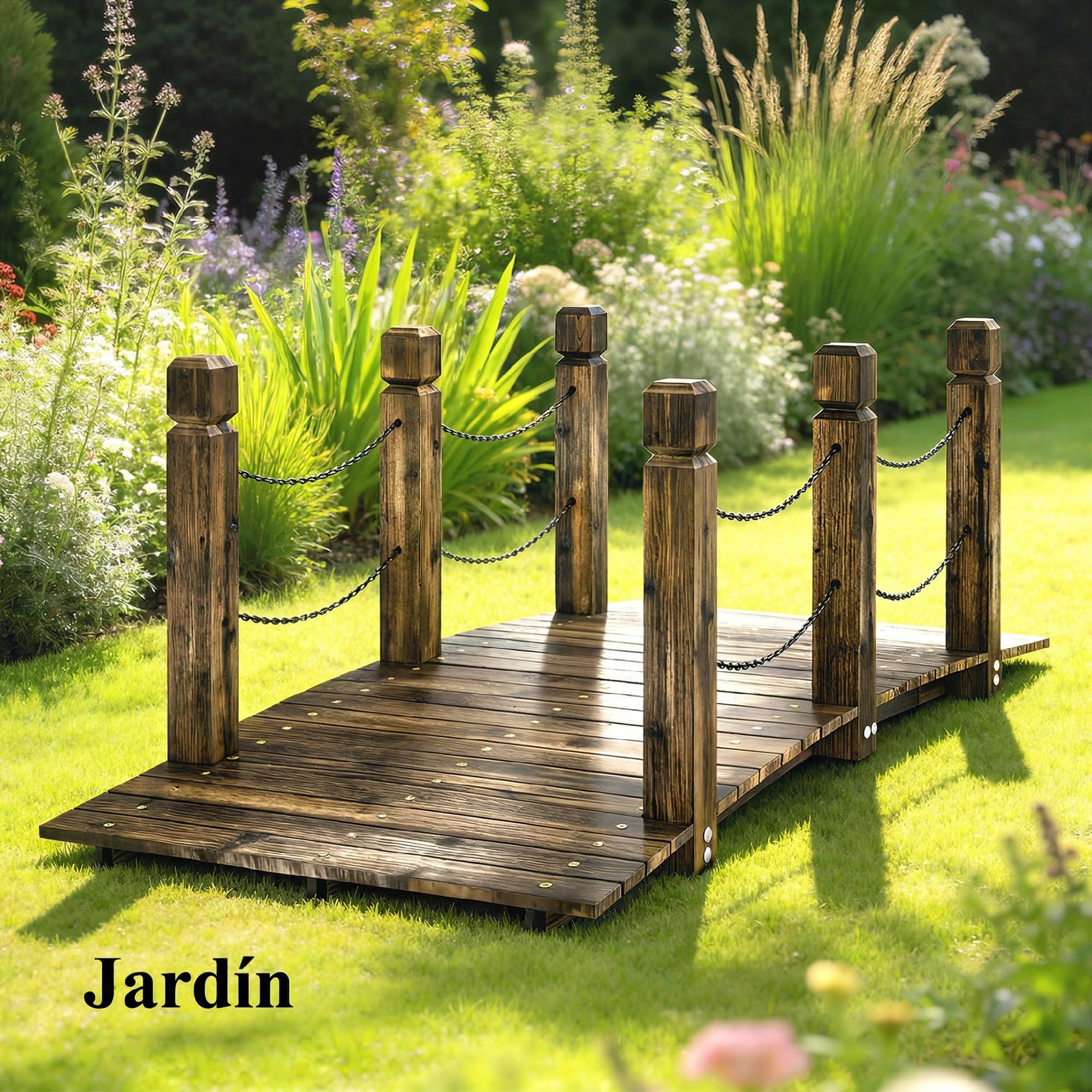 Outsunny Puente de Jardín de Madera, 1,51 m, Puente Decorativo para Estanques Rústico con Barandillas de Seguridad, Carga 200 kg, Construcción Resistente, Carbonizado