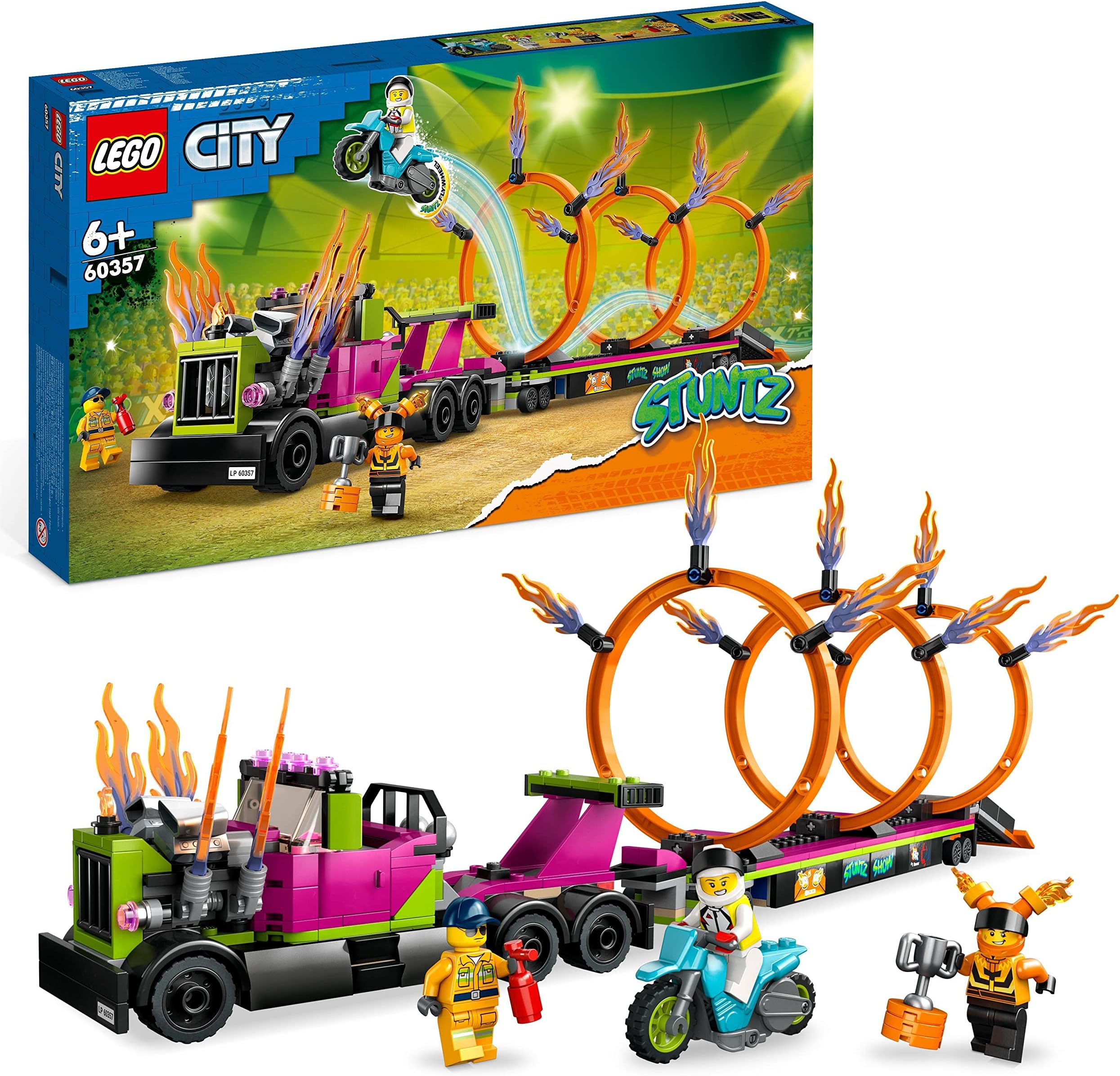 60357 City Stuntz Stunt Truck & Ring of Fire Challenge with Flywheel-Powered Motorbike Toy and Minifigures, Fun Gift for Kids Aged 6 Plus, 2023 Set