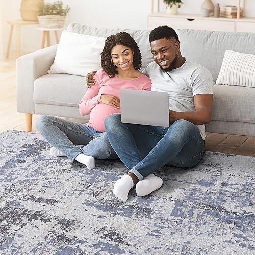 Miniatura 6 de NAAR Colección PAYAS - Alfombra de área elegante y resistente a las manchas de 8 x 10 pulgadas, color grisdenimabstracto, no desprende pelusa, para