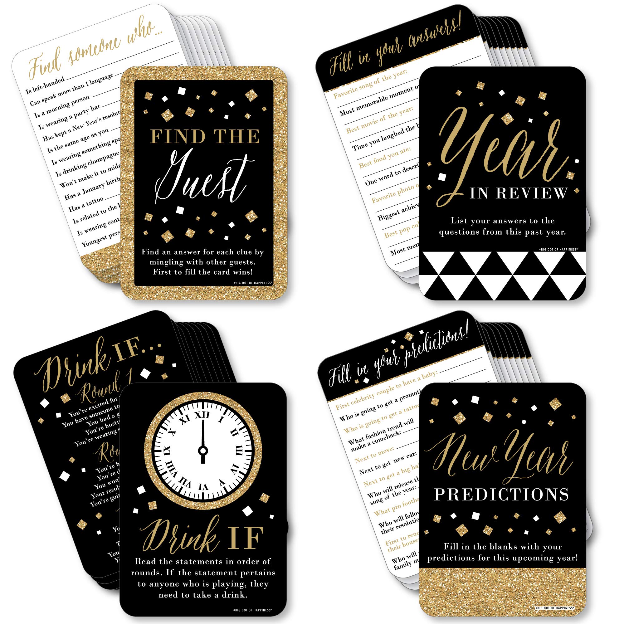 Big Dot of Happiness New Year's Eve Gold Party Games - 4 Games, 10 Cards Each - Year Review, Find Guest, Drink If, Predictions - Gamerific Bundle