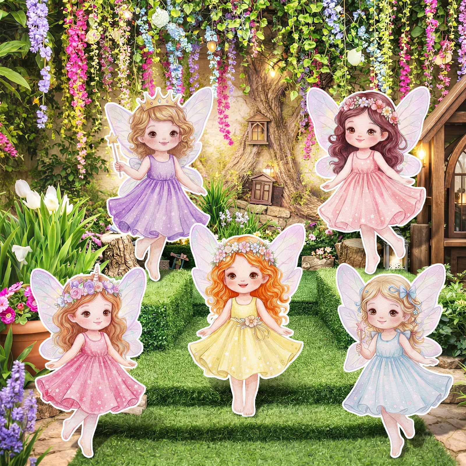 Photo 1 of Capoda 5 Pcs Large Fairy Cardboard Cutouts 16.5 to 26.4 inch Fairy Yard Signs Standup Decoration Pink Butterfly Flower Birthday Party Decoration for Forest Lawn Wonderland Garden Photo Prop