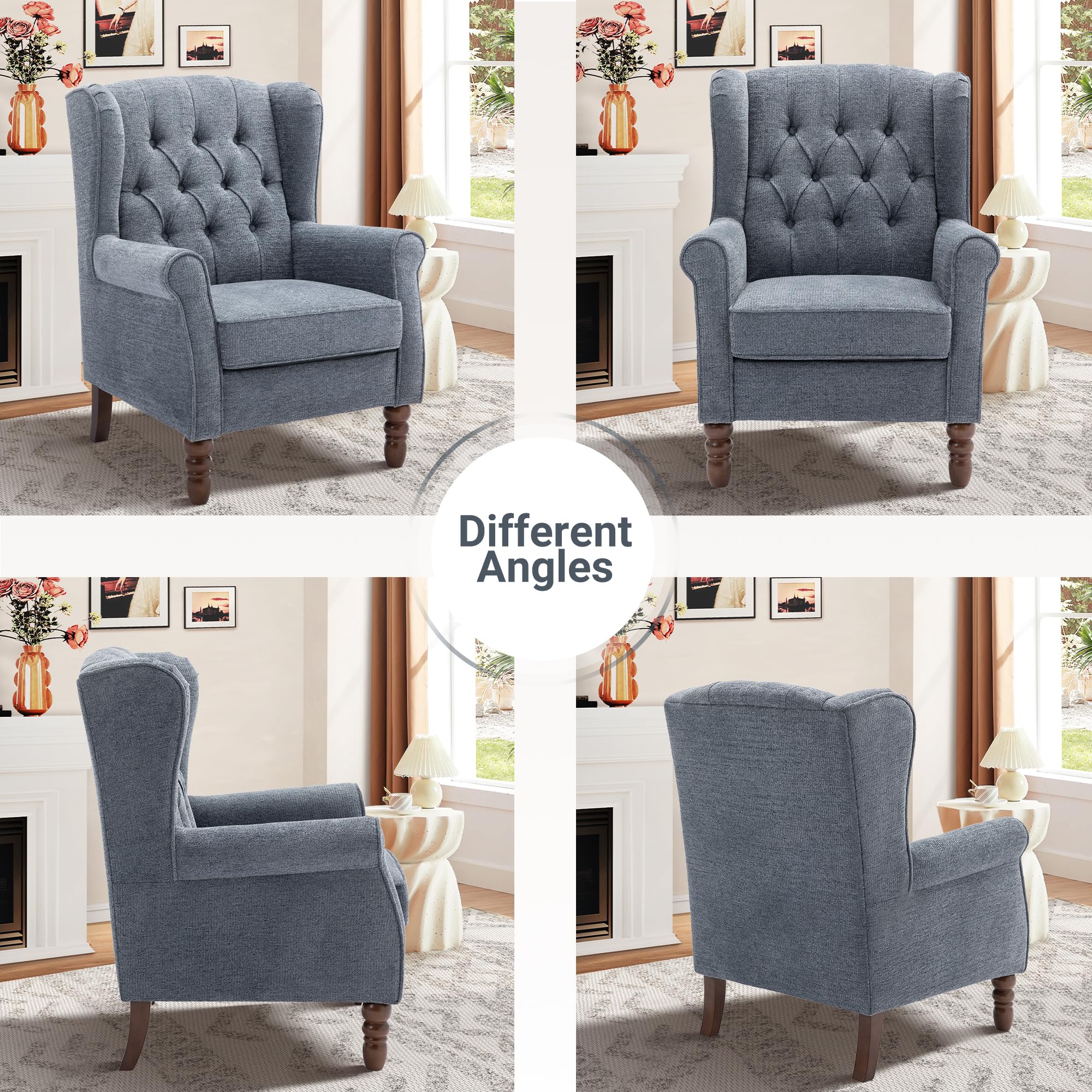 Wingback Armchair for Living Room Upholstered High Back Accent Chair with Tufted Backrest, Rolled Arms and Solid Wood Legs - Image 3