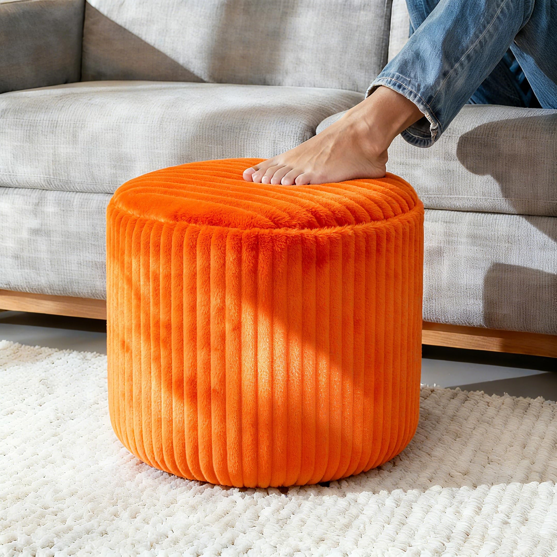 lygooh Unstuffed Footstool Bean Bag Cover No Filler Round Pouf Ottoman Cover Foot Stool Storage Chair Storage for Living Room Bedroom (Orange)